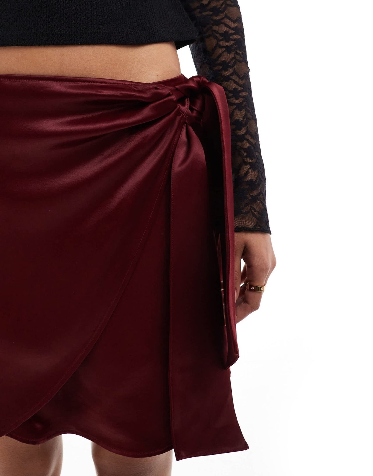 Miss Selfridge satin wrap skirt in burgundy - ASOS Sample Sale