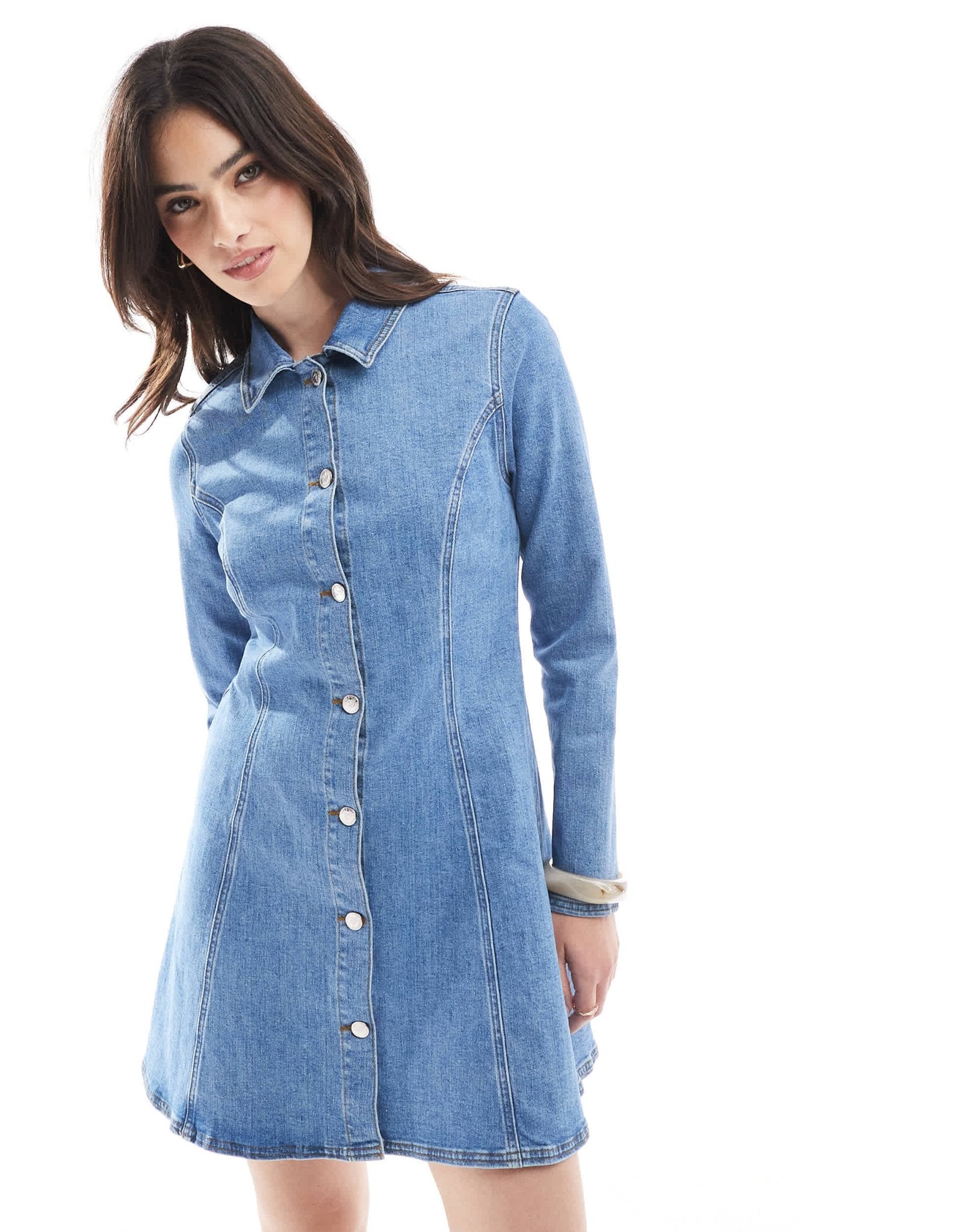 Miss Selfridge seam detail stretch denim fit and flare long sleeve mini dress - ASOS Sample Sale