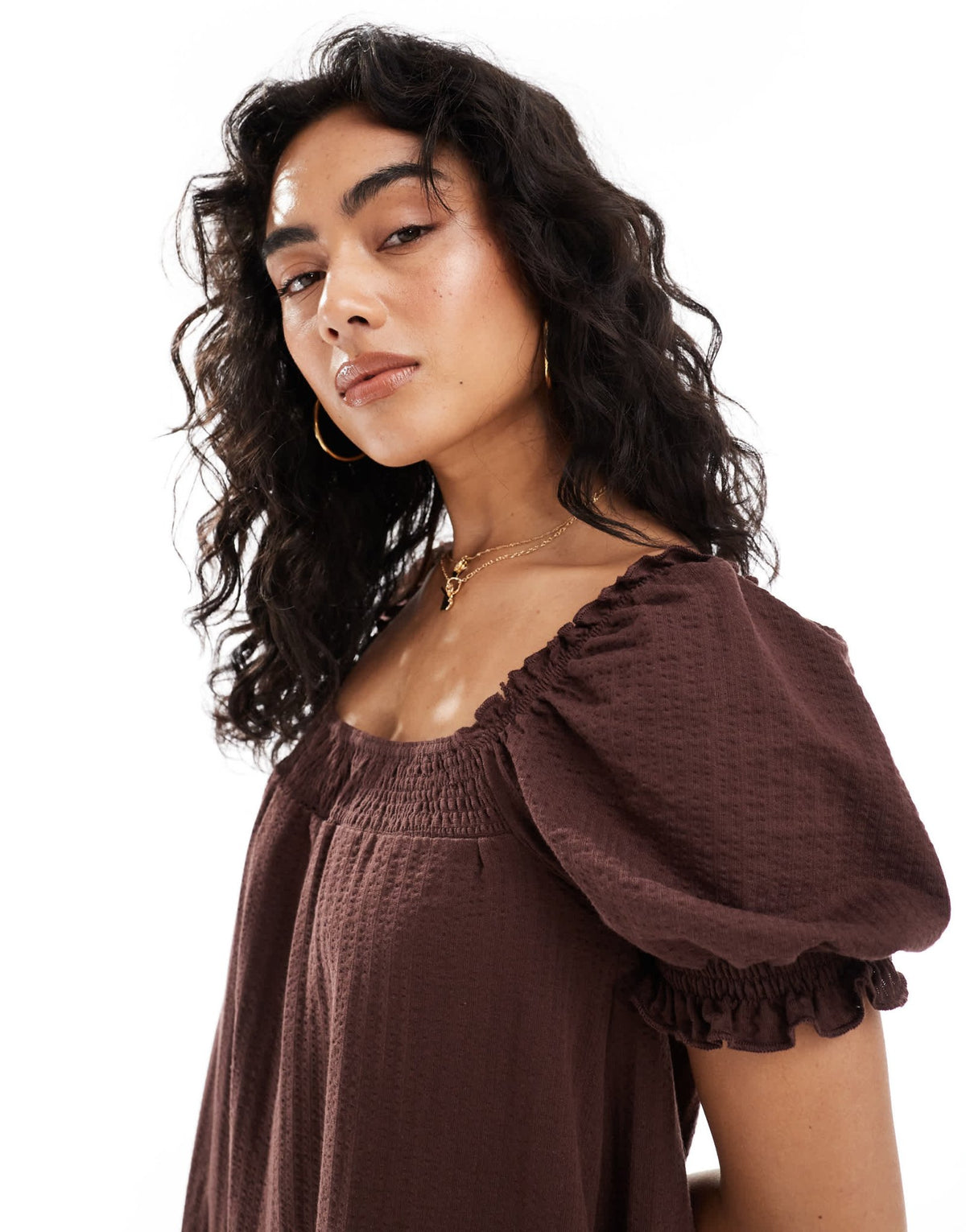 Miss Selfridge seersucker smock mini dress with shirring in chocolate - ASOS Sample Sale