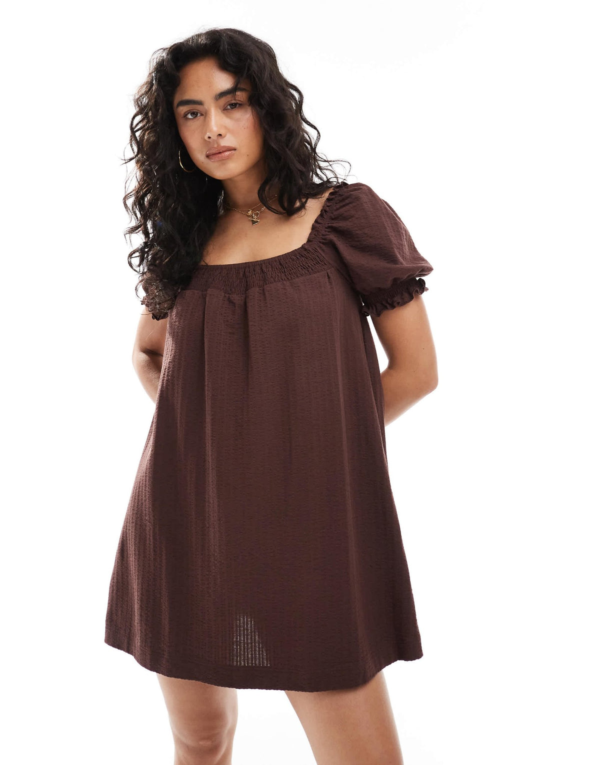 Miss Selfridge seersucker smock mini dress with shirring in chocolate - ASOS Sample Sale