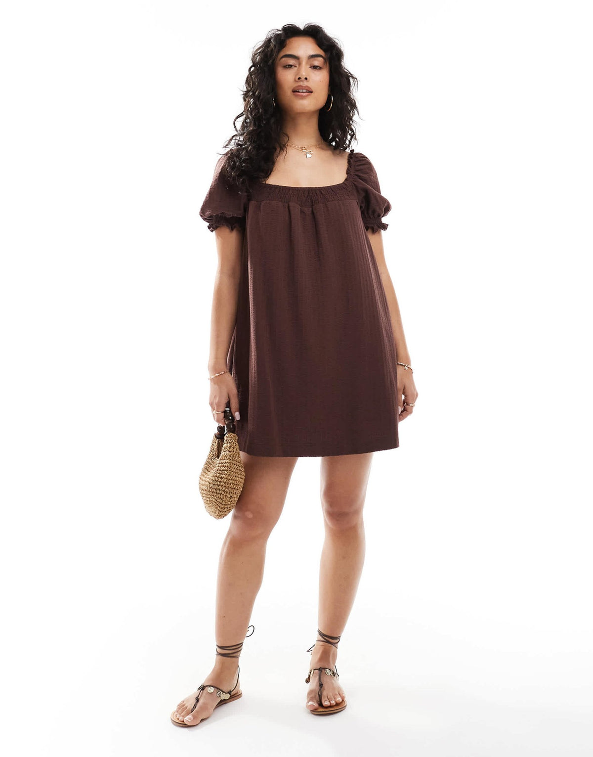 Miss Selfridge seersucker smock mini dress with shirring in chocolate - ASOS Sample Sale