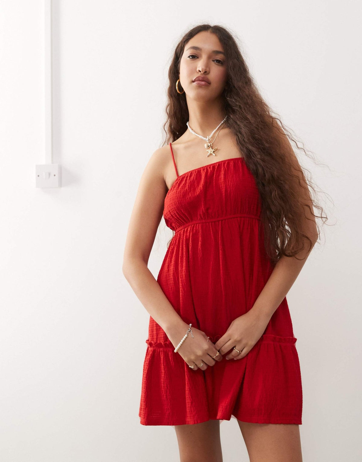 Miss Selfridge seersucker tiered smock dress in red - ASOS Sample Sale