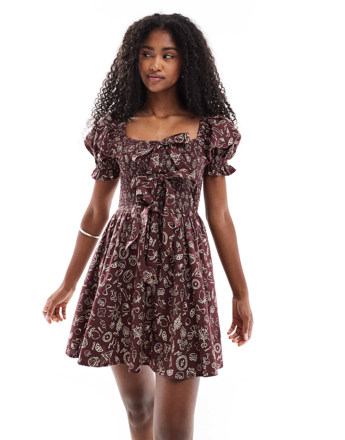 Miss Selfridge shirred bust tie front mini dress in brown holiday print - ASOS Sample Sale