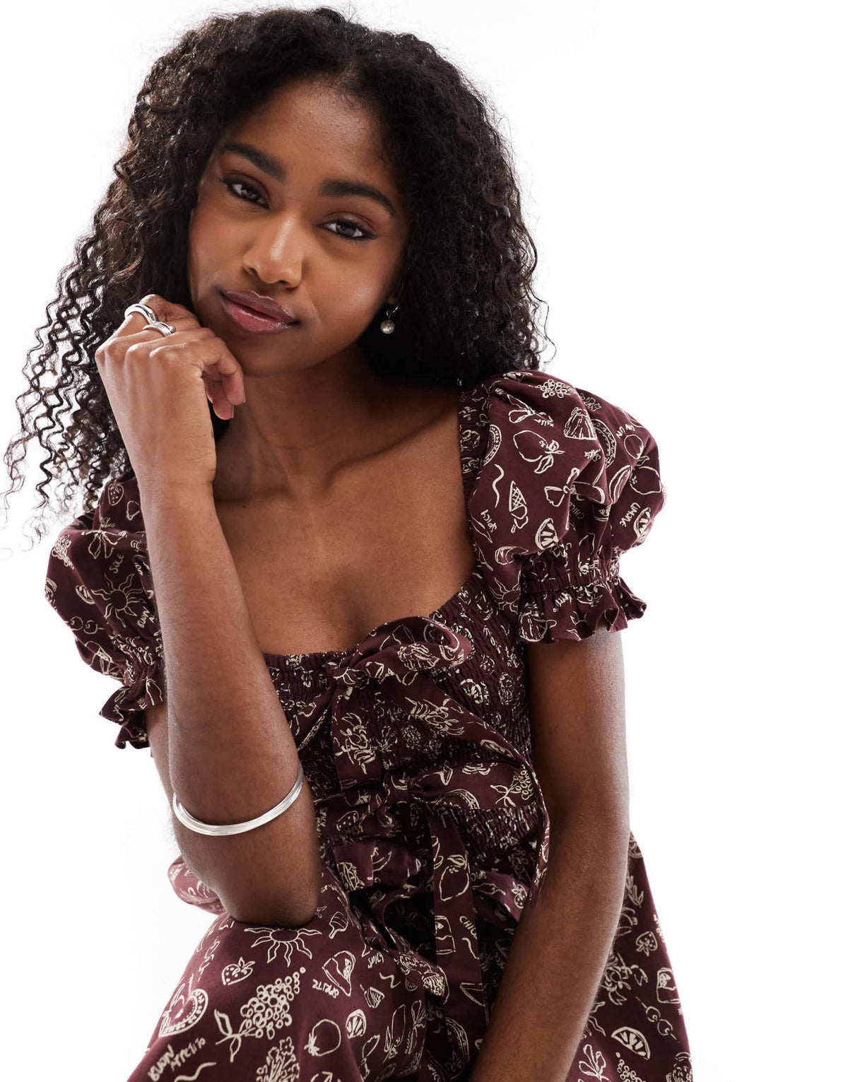 Miss Selfridge shirred bust tie front mini dress in brown holiday print - ASOS Sample Sale
