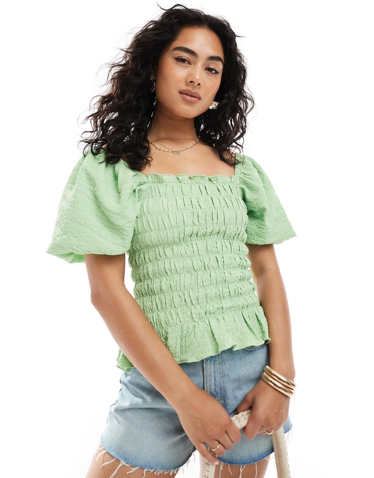Miss Selfridge shirred detail blouse in green - ASOS Sample Sale