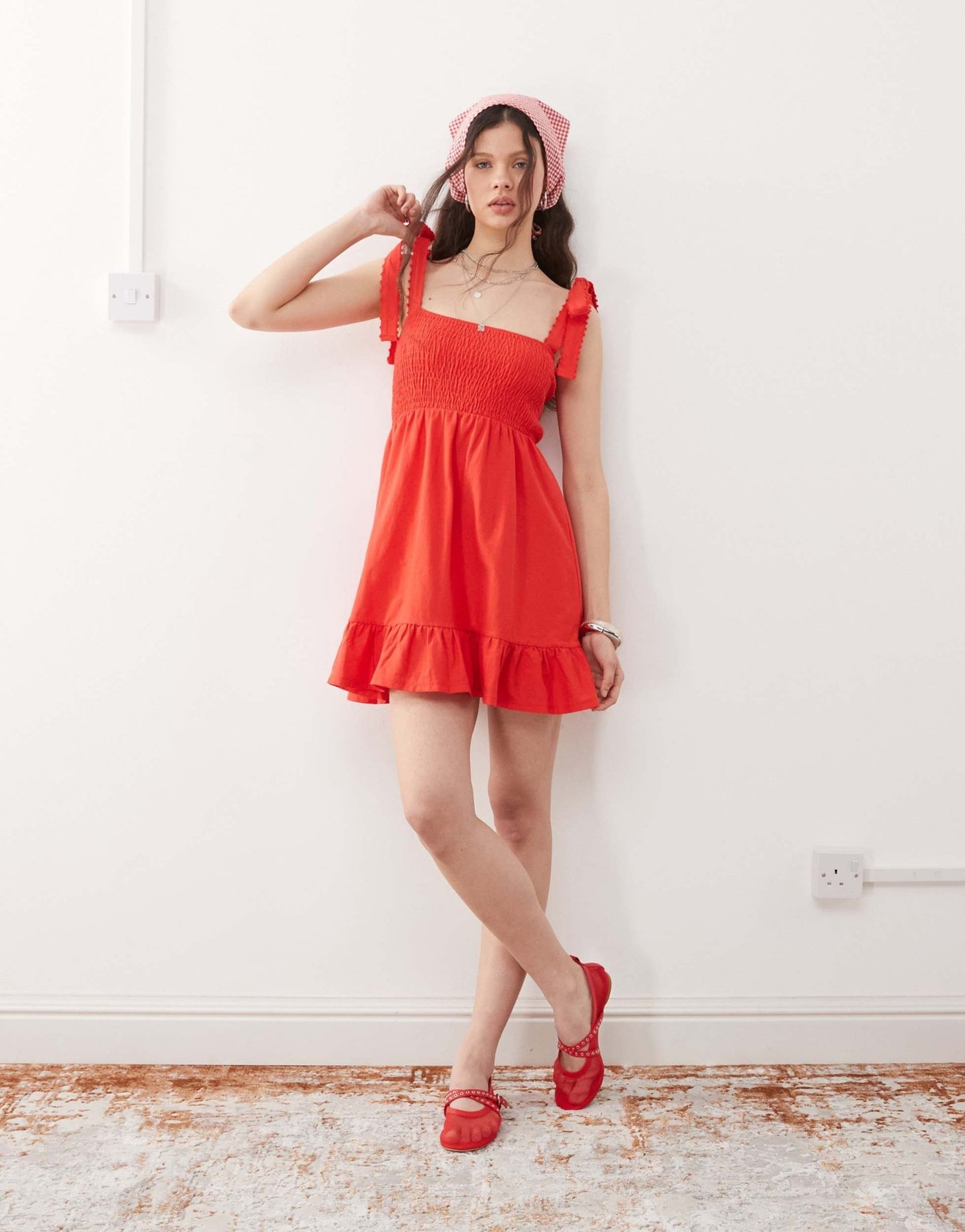 Miss Selfridge shirred detail tie shoulder mini dress in red – ASOS Sample Sale