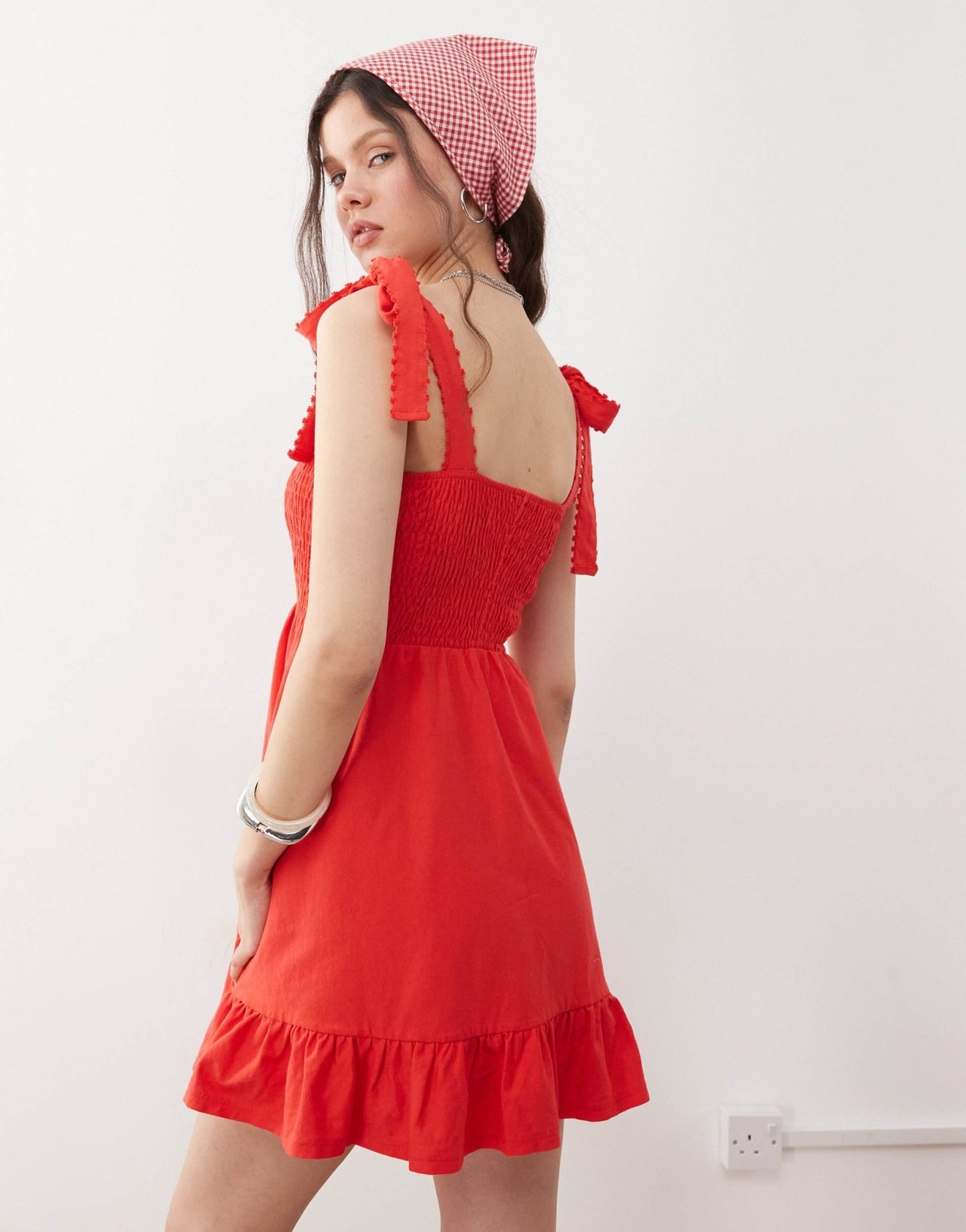 Miss Selfridge shirred detail tie shoulder mini dress in red - ASOS Sample Sale