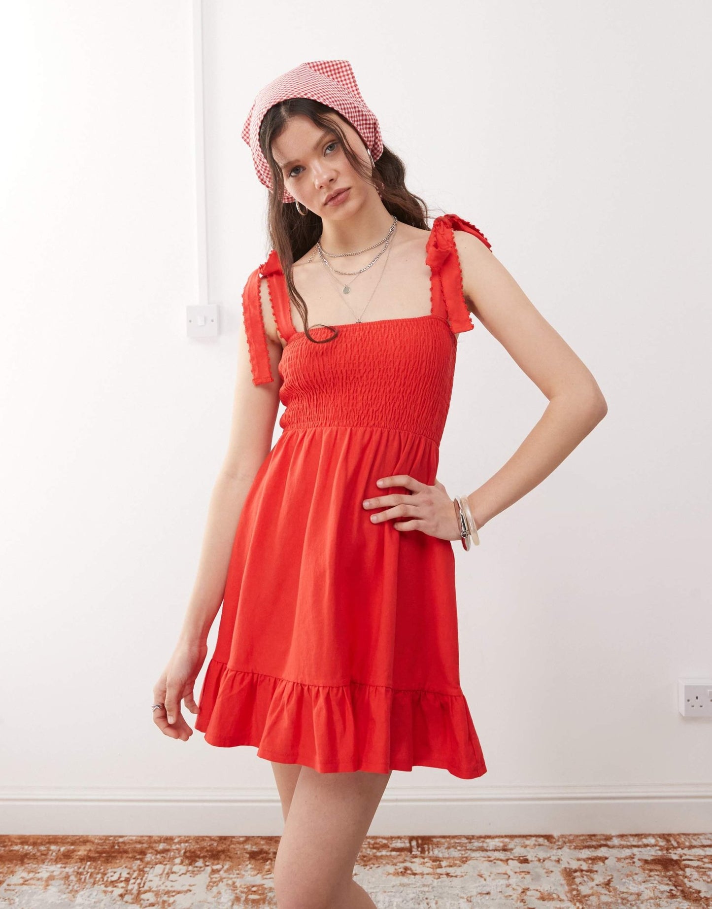 Miss Selfridge shirred detail tie shoulder mini dress in red - ASOS Sample Sale