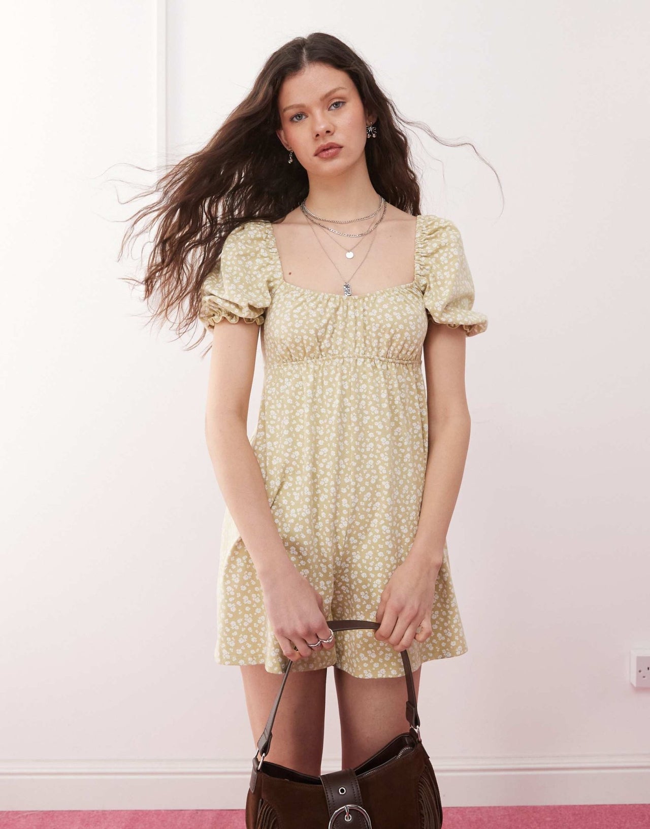 Miss Selfridge shirred puff sleeve playsuit in light print - ASOS Sample Sale