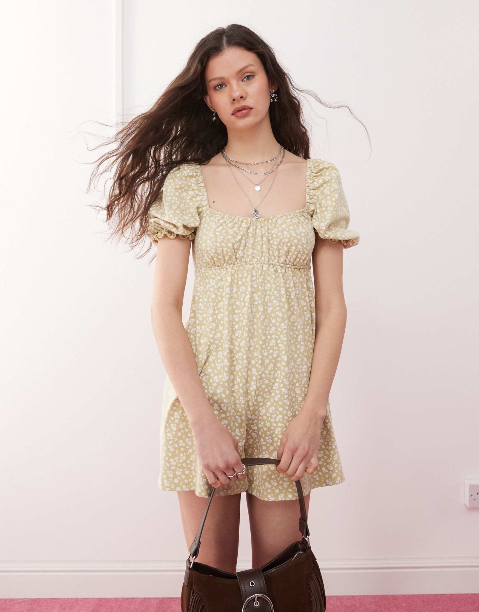 Miss Selfridge shirred puff sleeve playsuit in light print - ASOS Sample Sale
