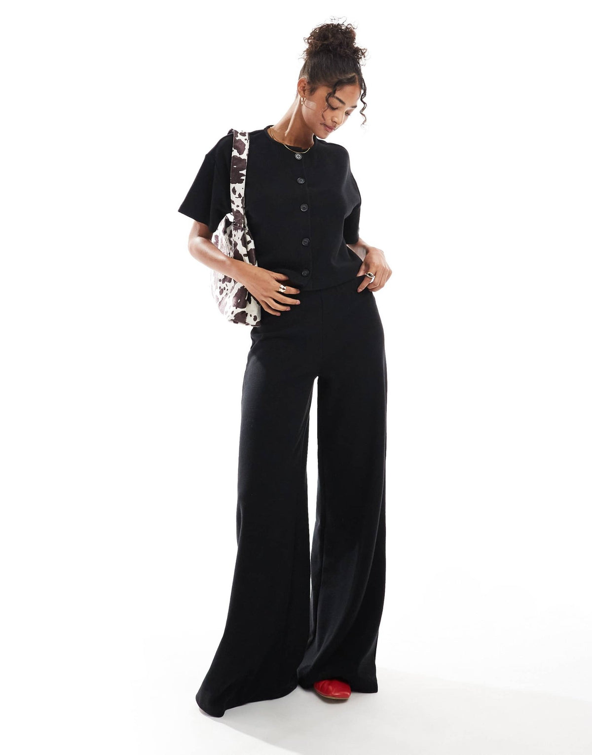 Miss Selfridge soft rib wide leg trouser in black - ASOS Sample Sale
