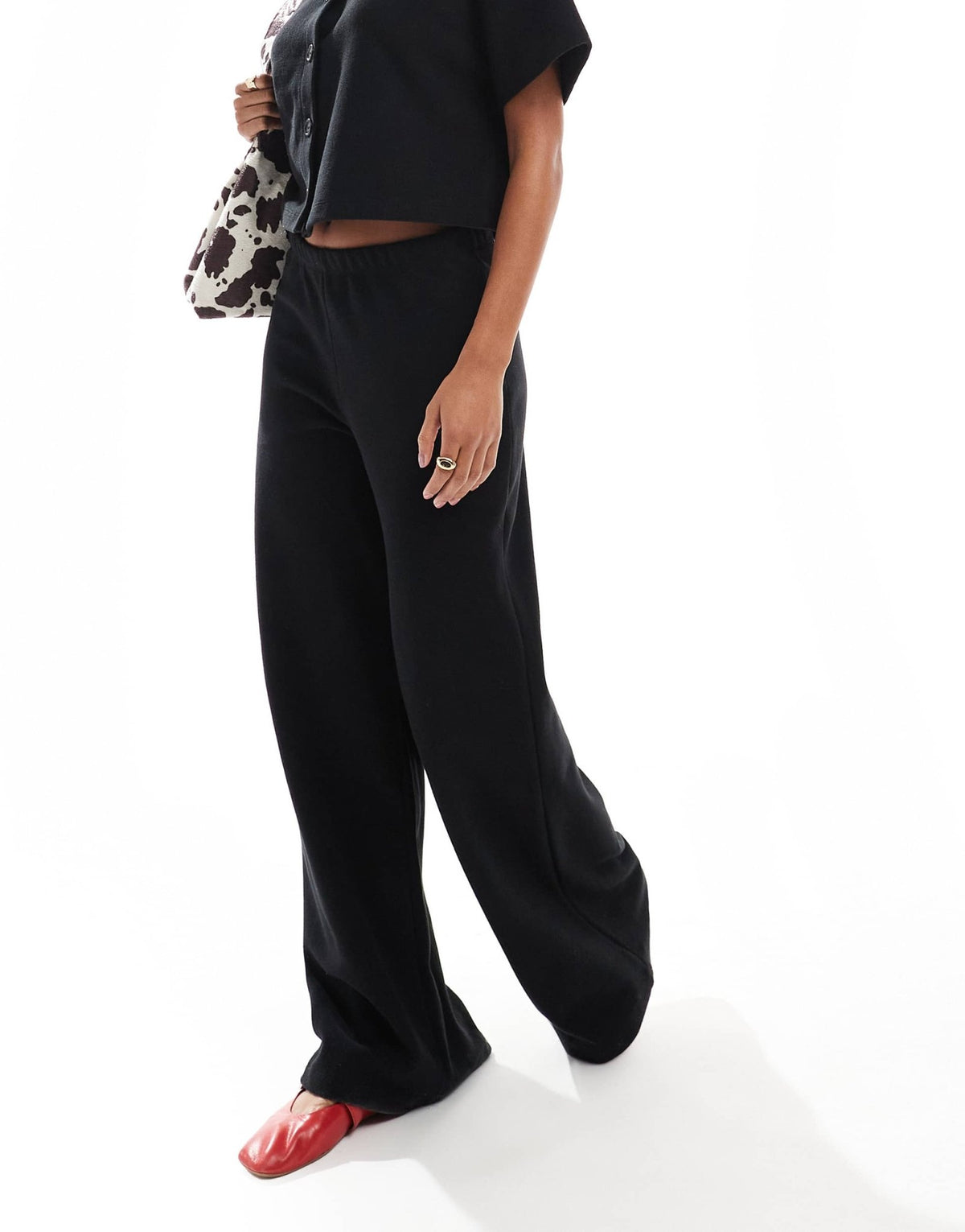 Miss Selfridge soft rib wide leg trouser in black - ASOS Sample Sale