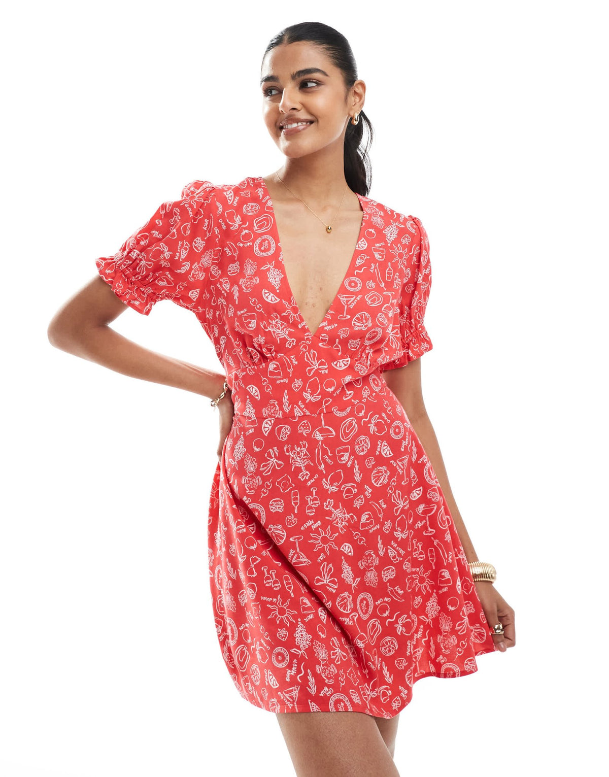 Miss Selfridge spun mini tea dress in red holiday print - ASOS Sample Sale