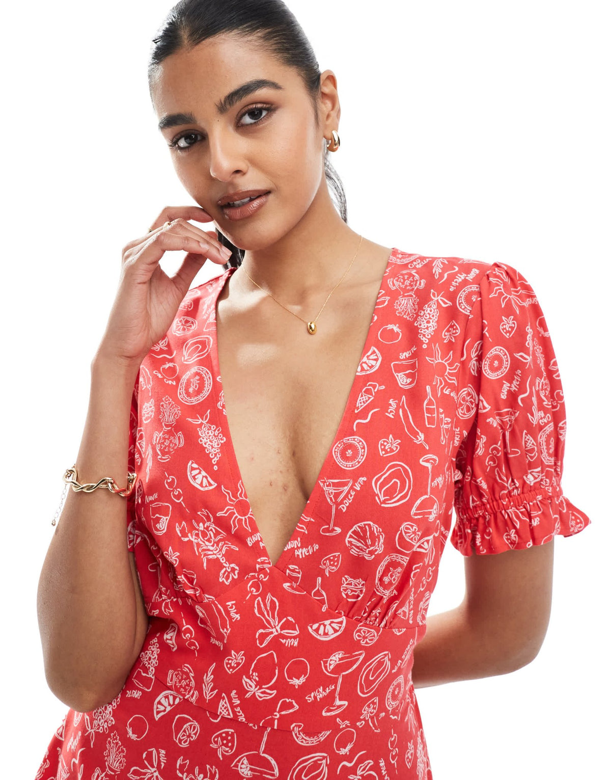 Miss Selfridge spun mini tea dress in red holiday print - ASOS Sample Sale