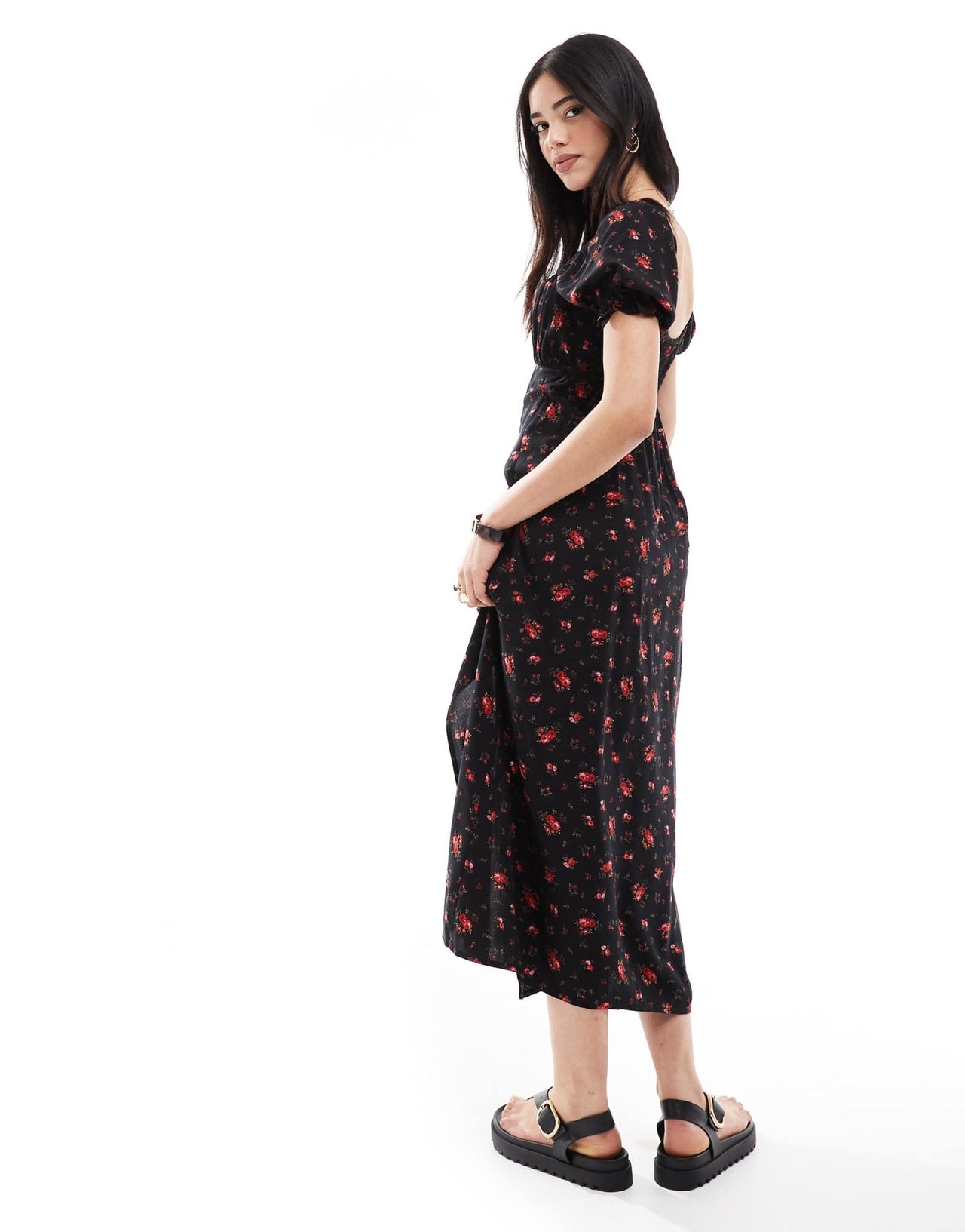 Miss Selfridge spun tea midaxi dress in black rose print - ASOS Sample Sale