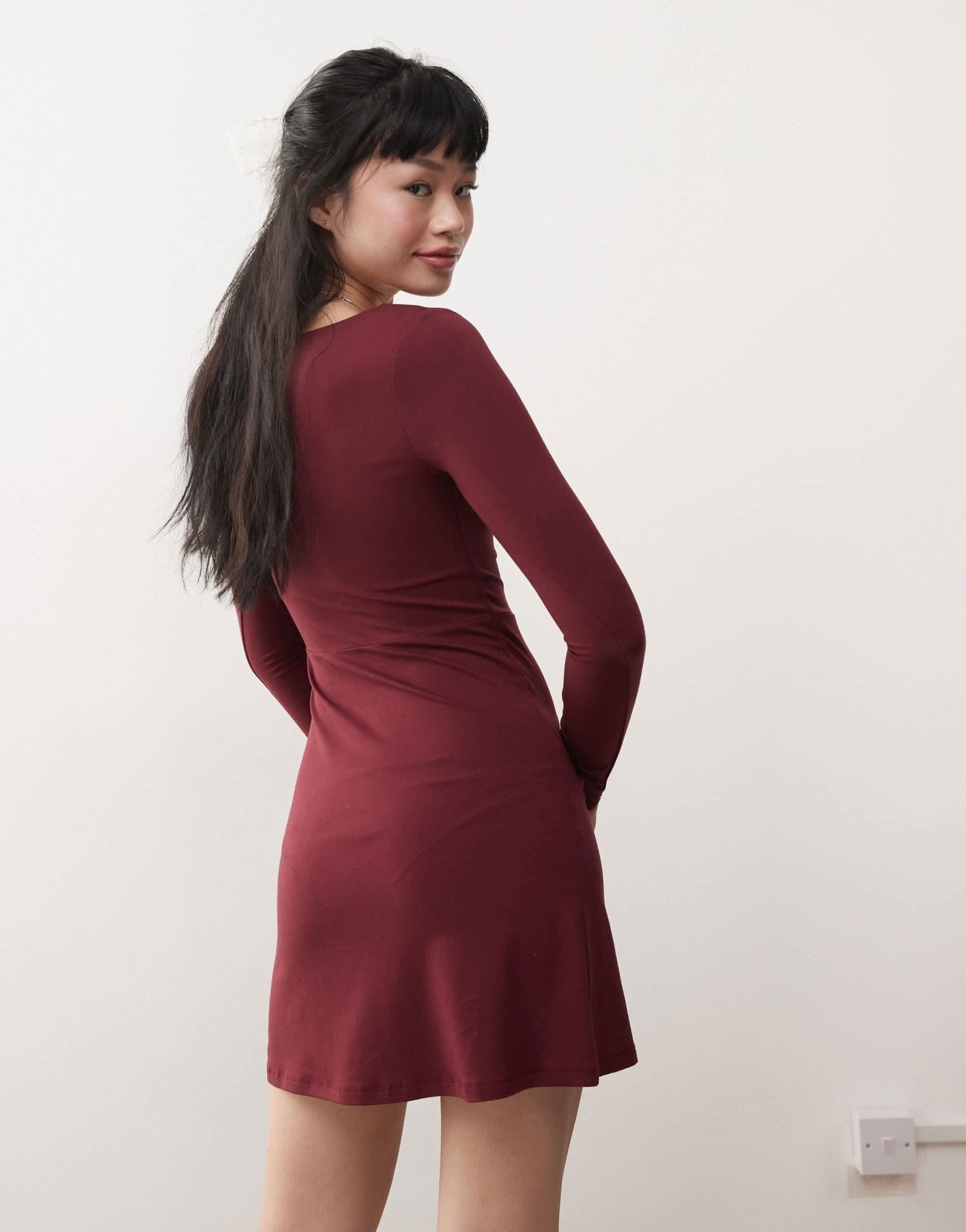Miss Selfridge square neck fit and flare mini dress in burgundy - ASOS Sample Sale