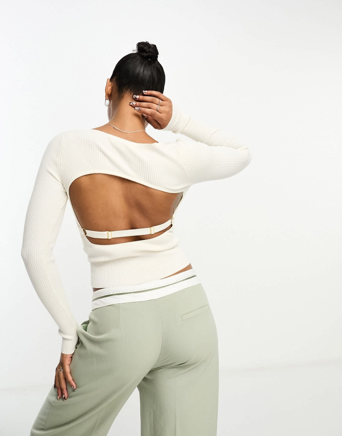 Miss Selfridge square neck open back detail rib knit top in cream - ASOS Sample Sale
