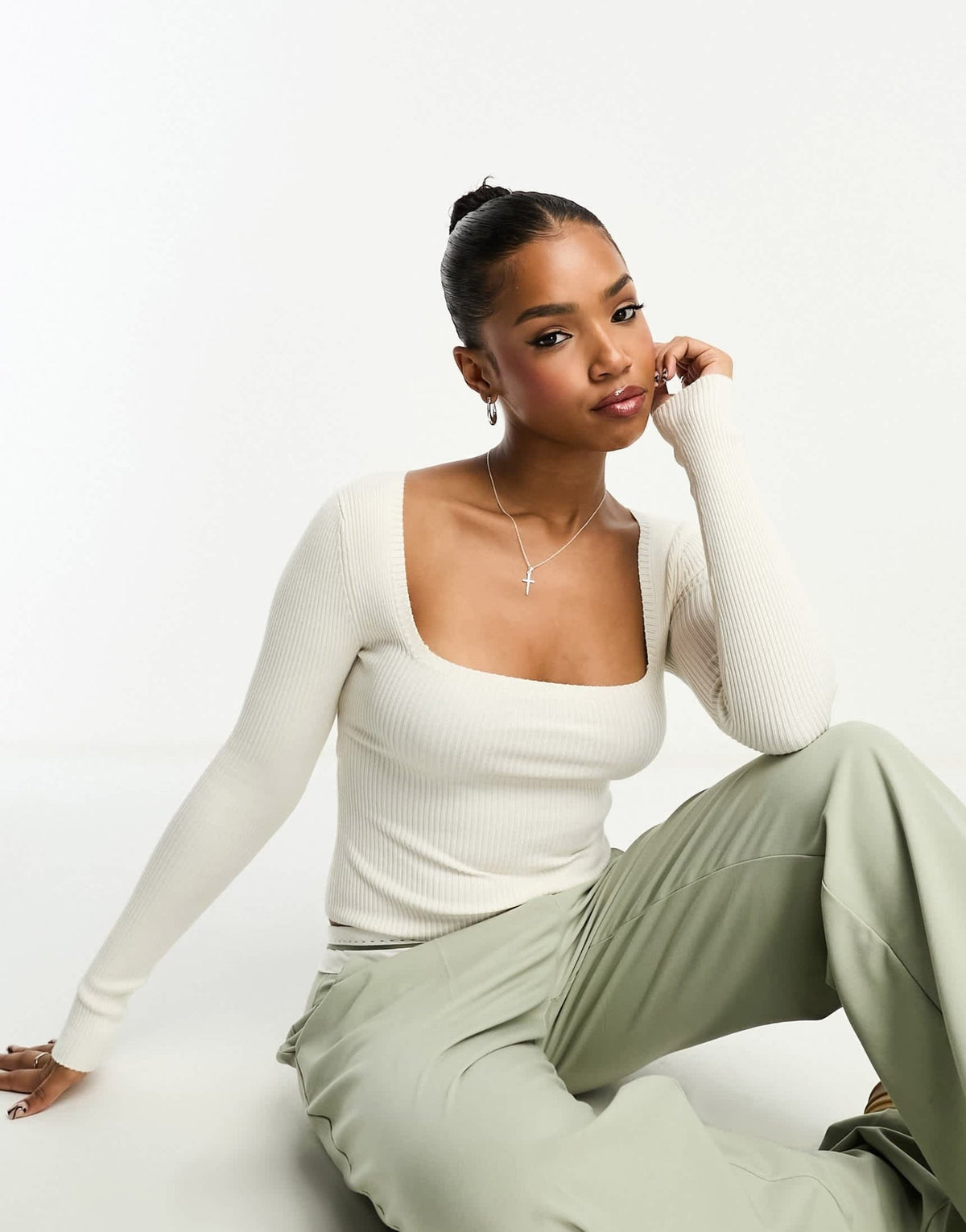 Miss Selfridge square neck open back detail rib knit top in cream - ASOS Sample Sale