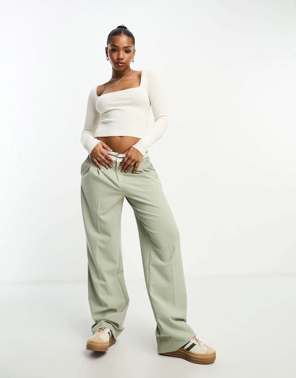 Miss Selfridge square neck open back detail rib knit top in cream - ASOS Sample Sale