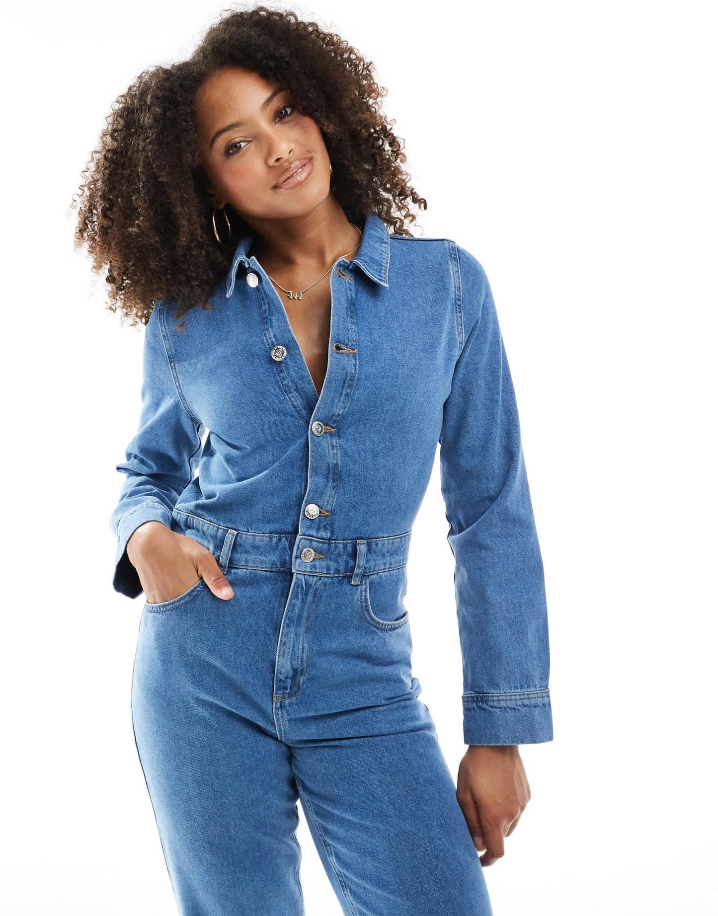 Miss Selfridge straight leg denim jumpsuit in mid wash - ASOS Sample Sale