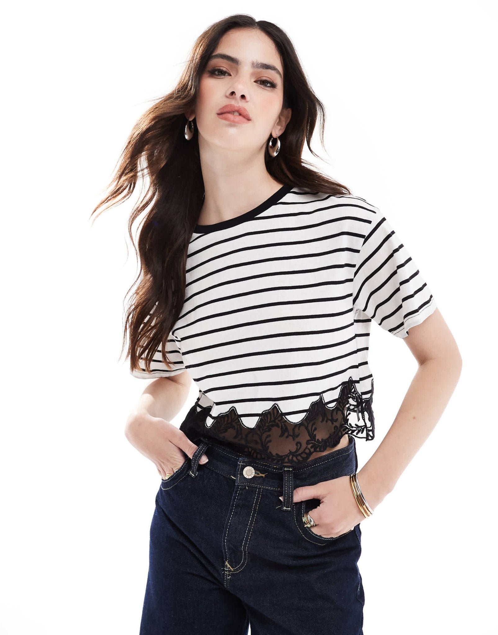 Miss Selfridge stripe lace hem short sleeve t-shirt - ASOS Sample Sale