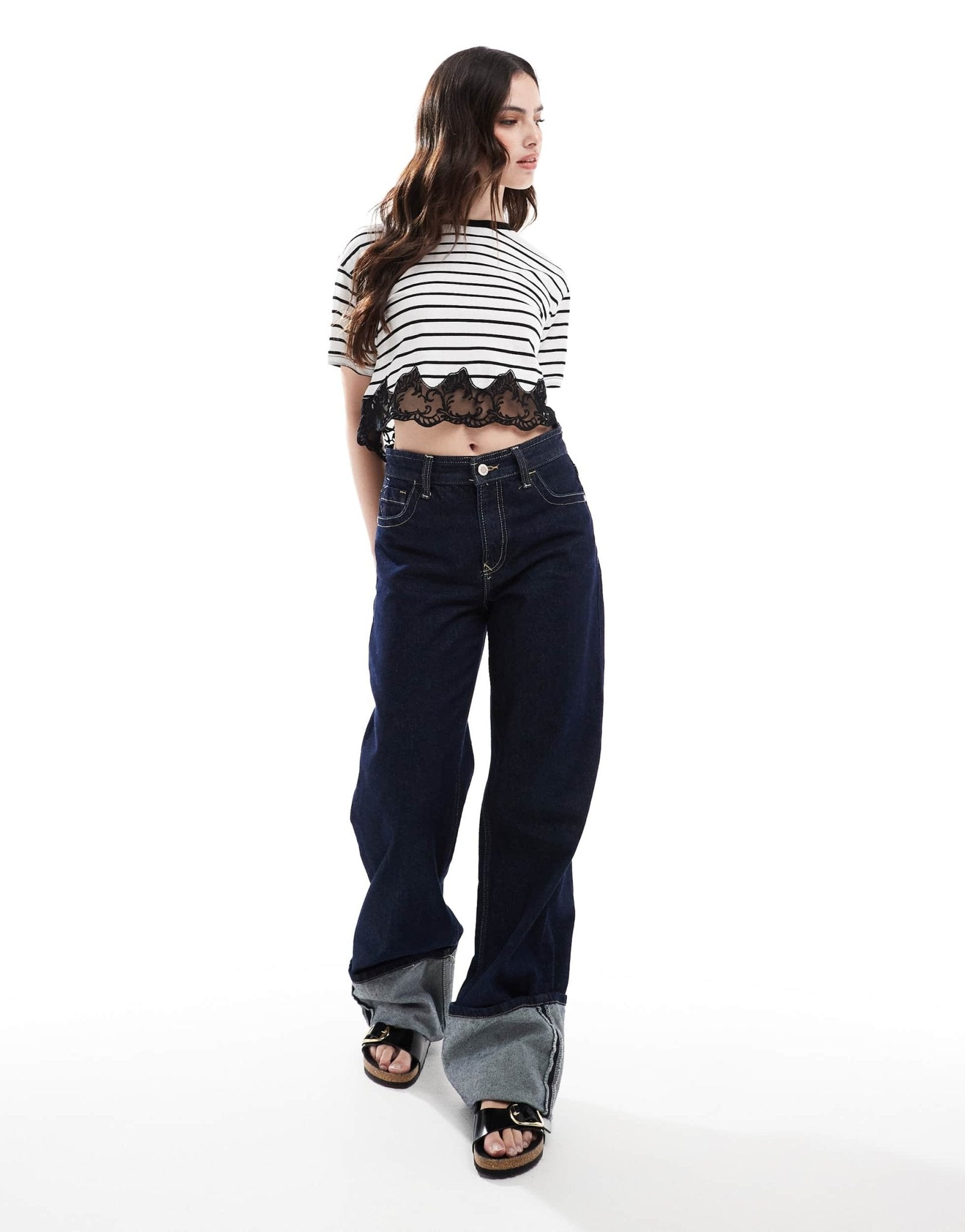 Miss Selfridge stripe lace hem short sleeve t-shirt - ASOS Sample Sale