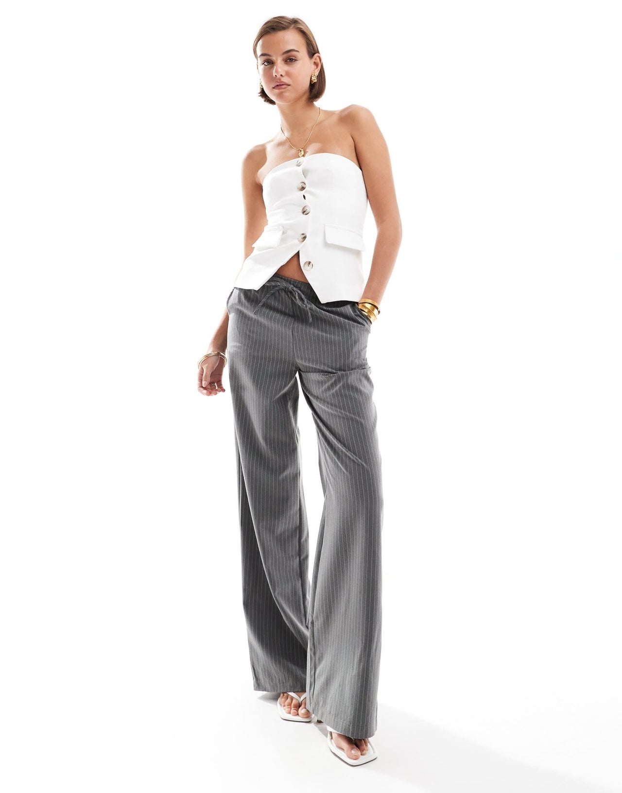 Miss Selfridge tailored bandeau button through top in ivory - ASOS Sample Sale