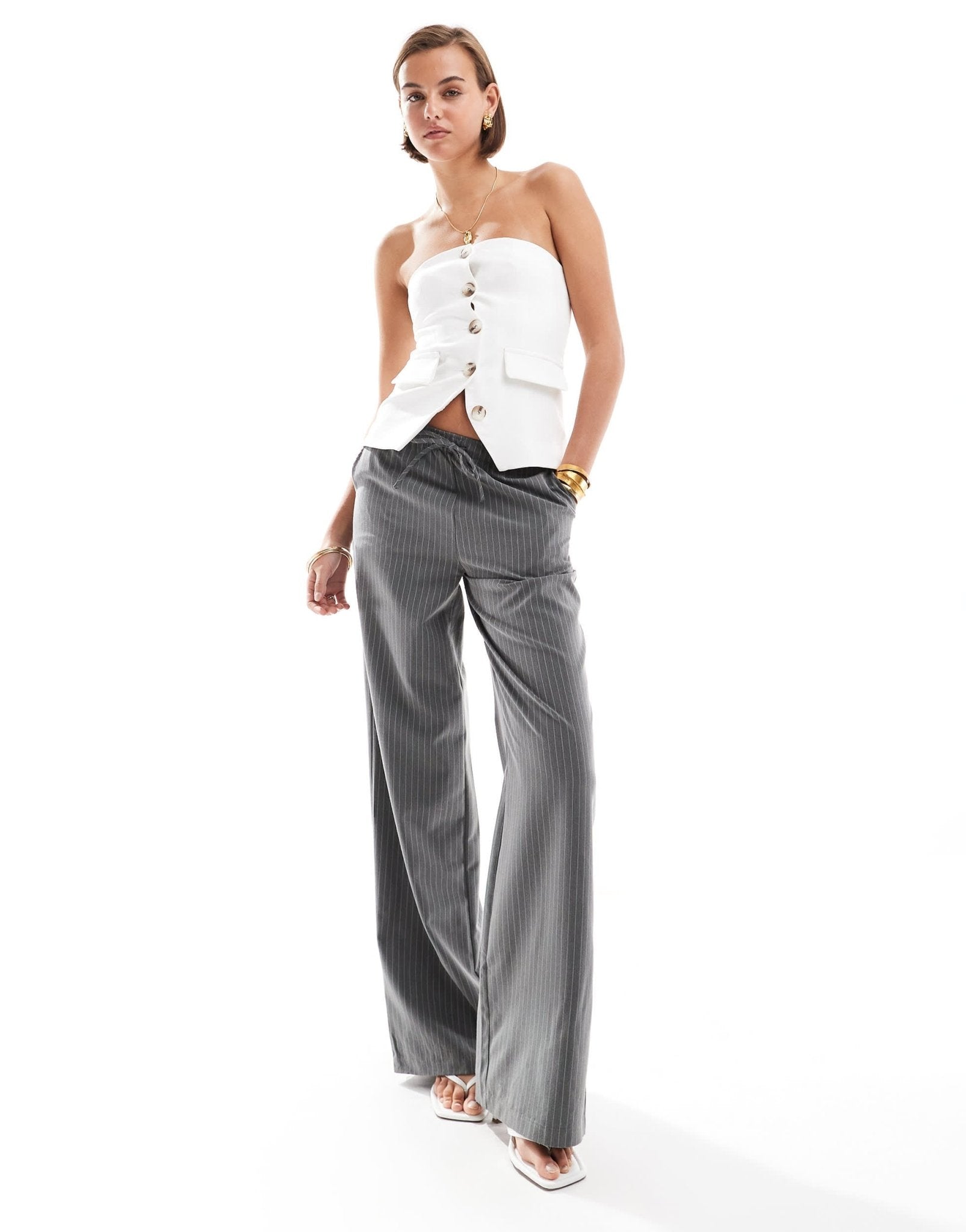 Miss Selfridge tailored bandeau button through top in ivory - ASOS Sample Sale
