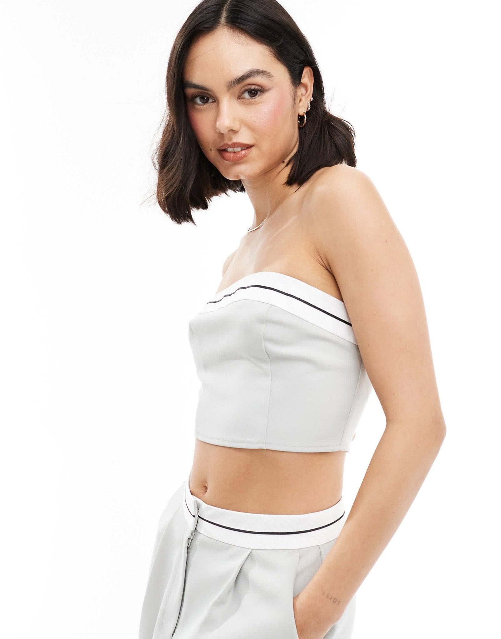 Miss Selfridge tailored contrast trim bandeau top in blue grey co ord - ASOS Sample Sale