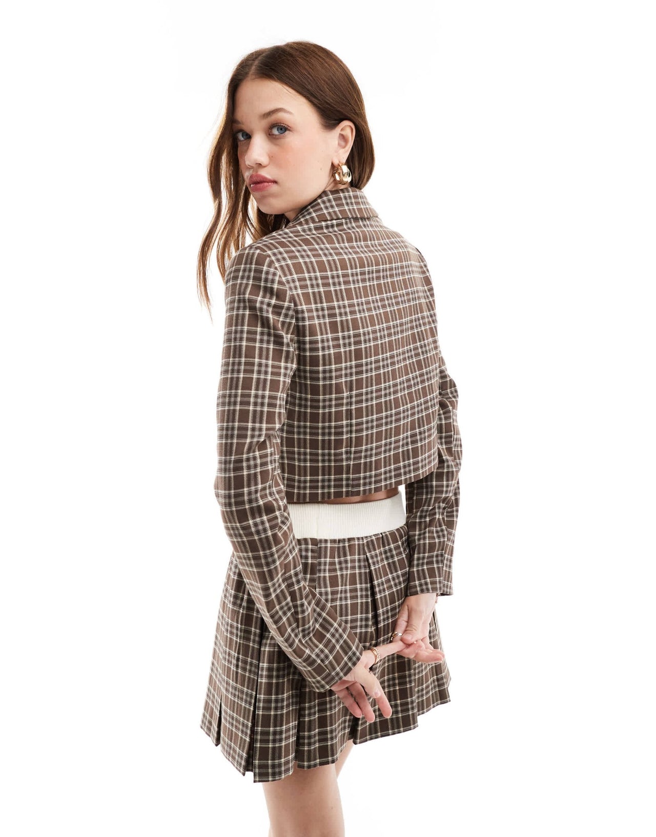 Miss Selfridge tailored cropped blazer in brown check co ord - ASOS Sample Sale