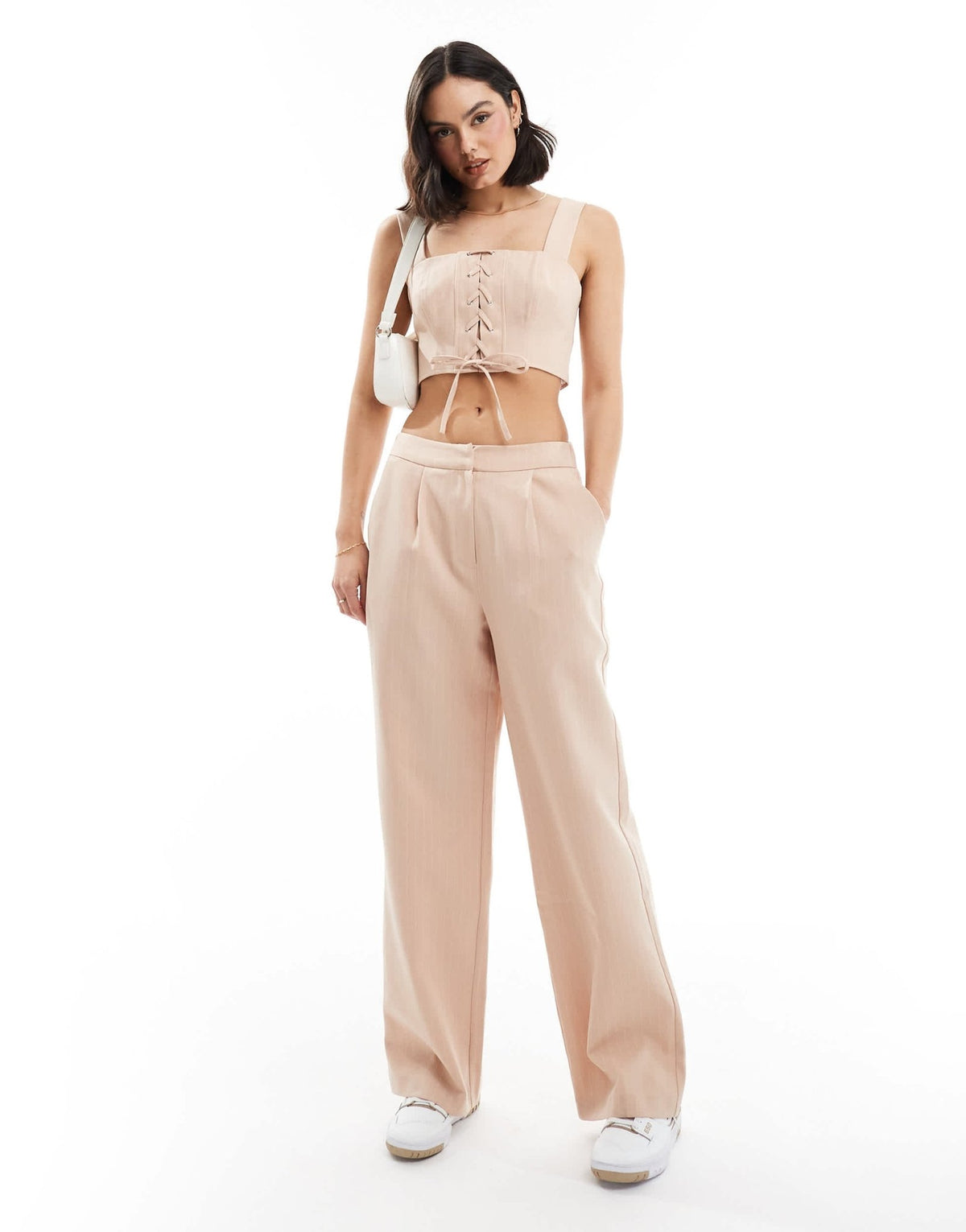 Miss Selfridge tailored wide leg pull on trouser in pink pinstripe co ord - ASOS Sample Sale