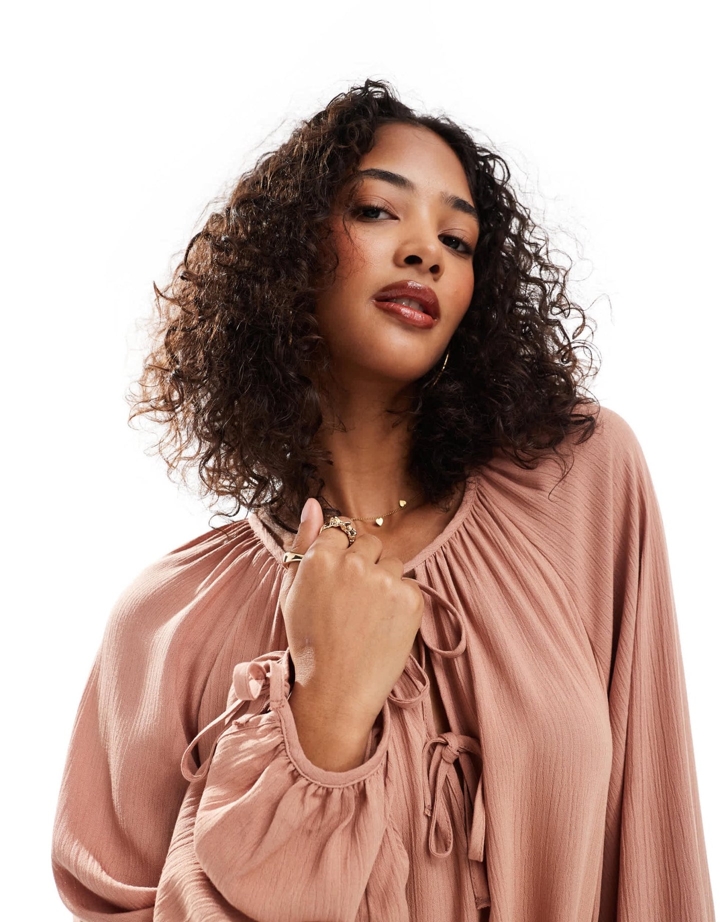 Miss Selfridge tie front balloon sleeve boho blouse in chocolate - ASOS Sample Sale