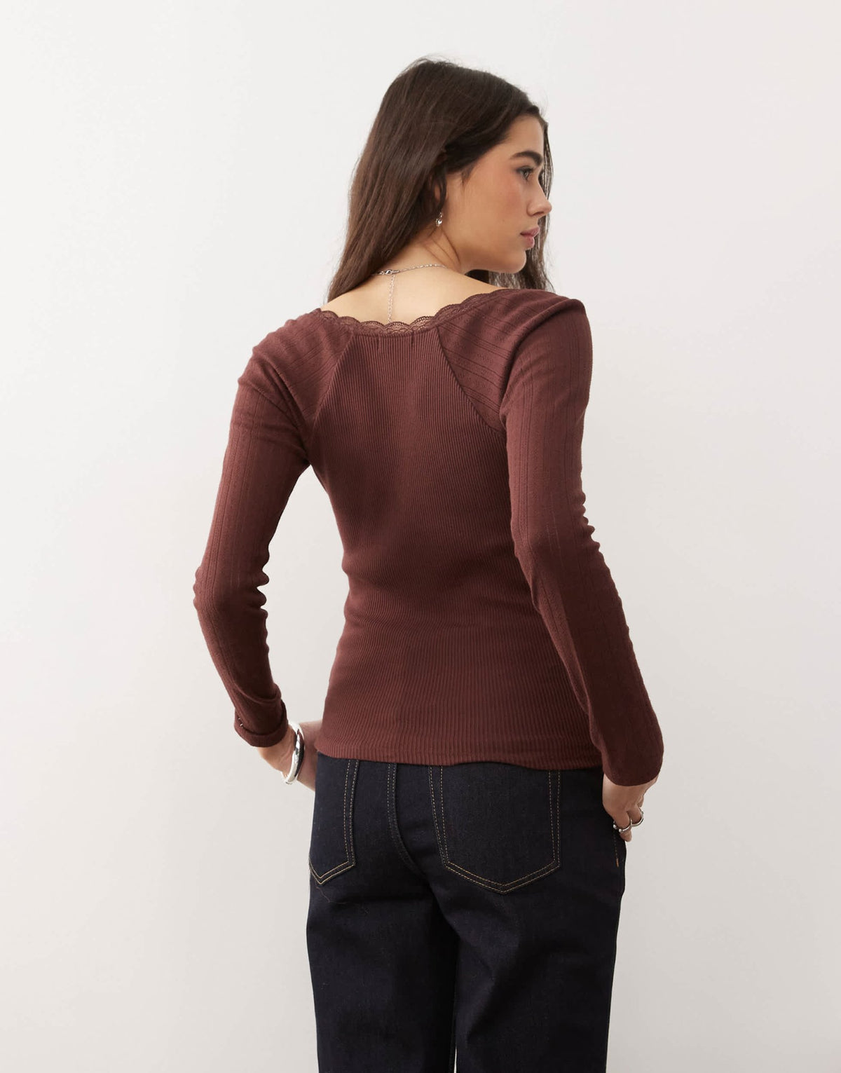 Miss Selfridge tie front detail long sleeve top in chocolate - ASOS Sample Sale