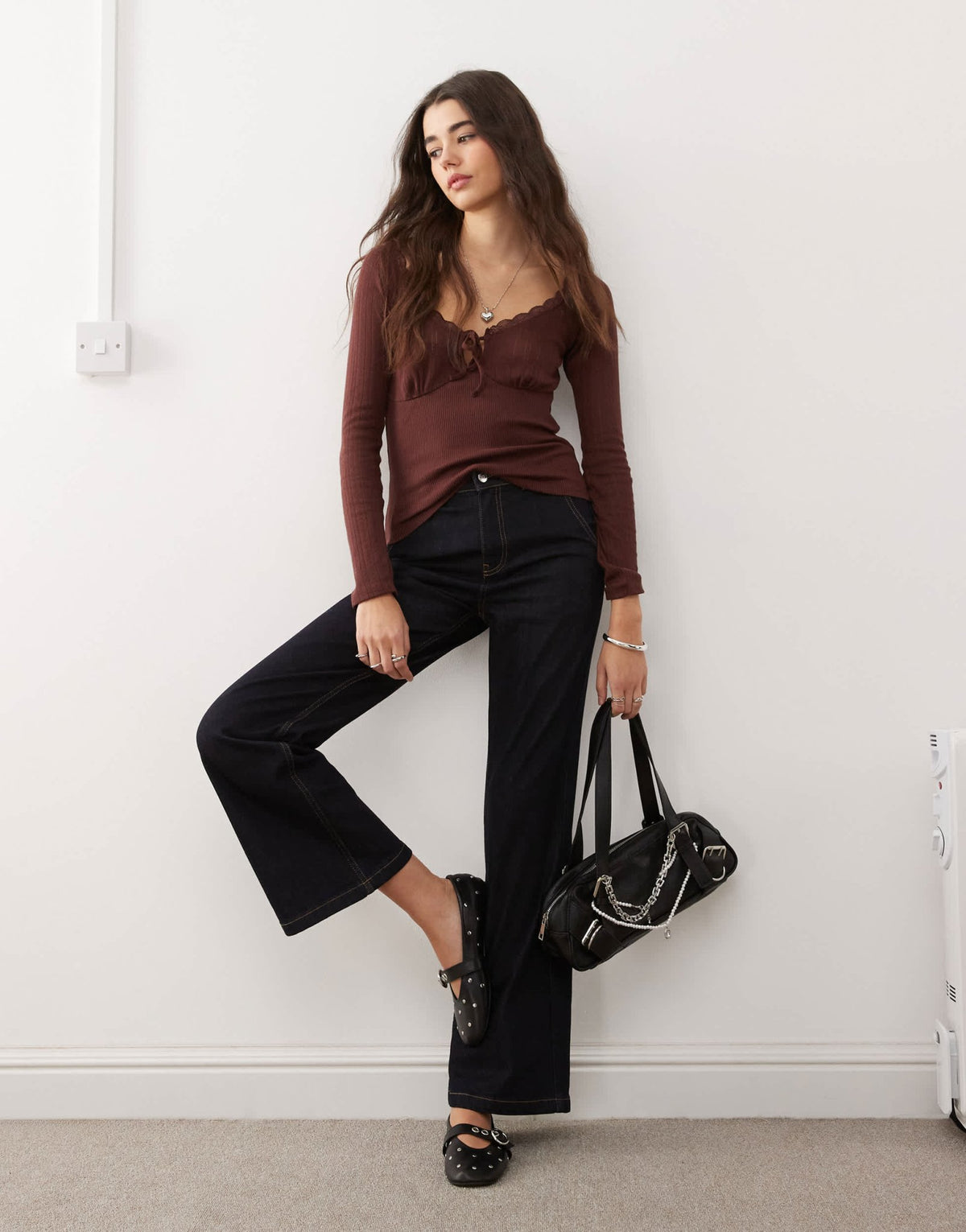Miss Selfridge tie front detail long sleeve top in chocolate - ASOS Sample Sale