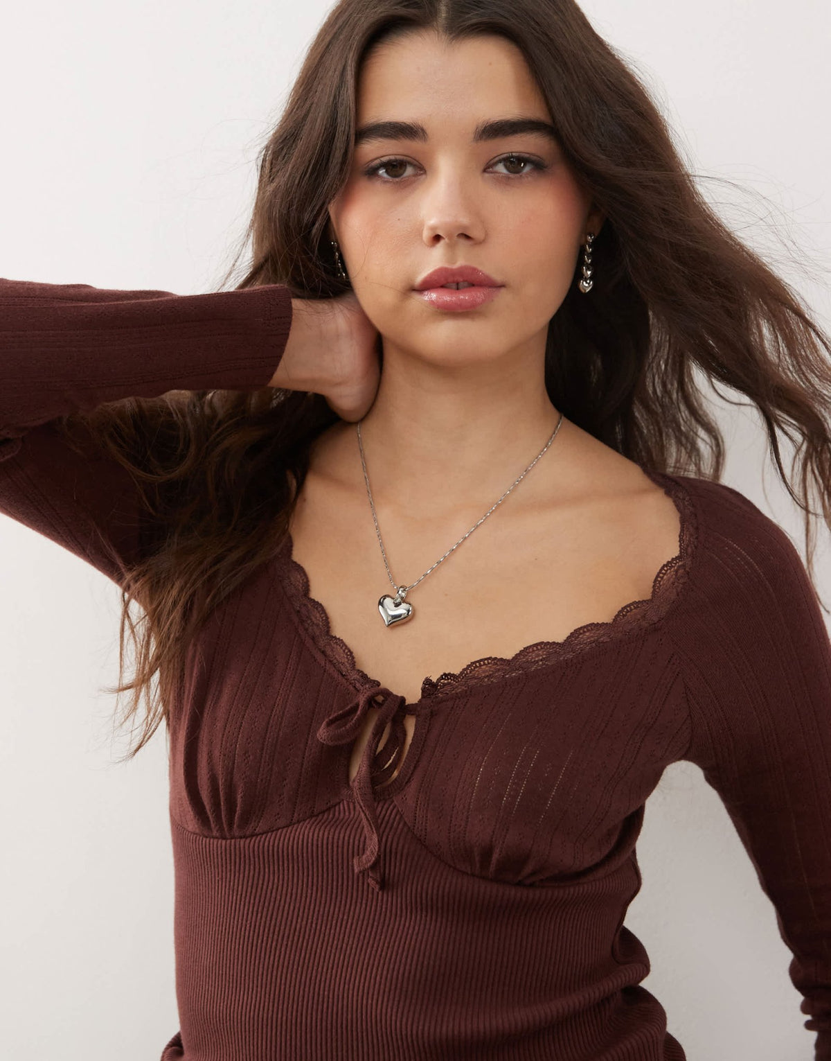 Miss Selfridge tie front detail long sleeve top in chocolate - ASOS Sample Sale