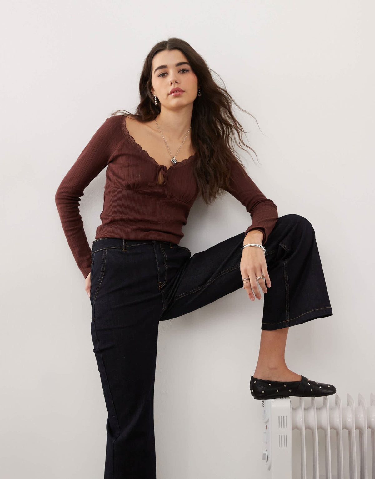 Miss Selfridge tie front detail long sleeve top in chocolate - ASOS Sample Sale