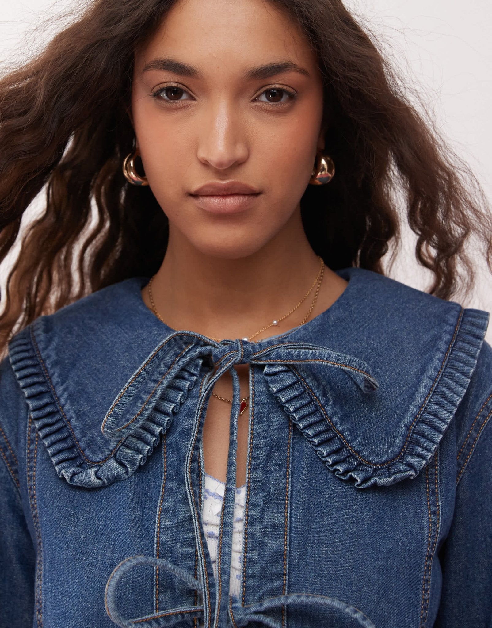 Miss Selfridge tie front frill denim collar jacket in mid blue wash - ASOS Sample Sale