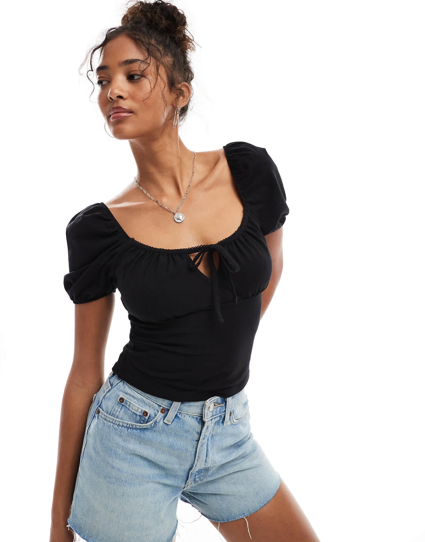 Miss Selfridge tie front milkmaid top in black - ASOS Sample Sale
