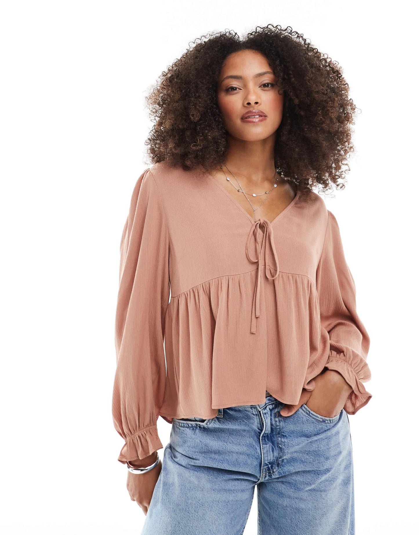 Miss Selfridge tie front peplum blouse in mocha - ASOS Sample Sale