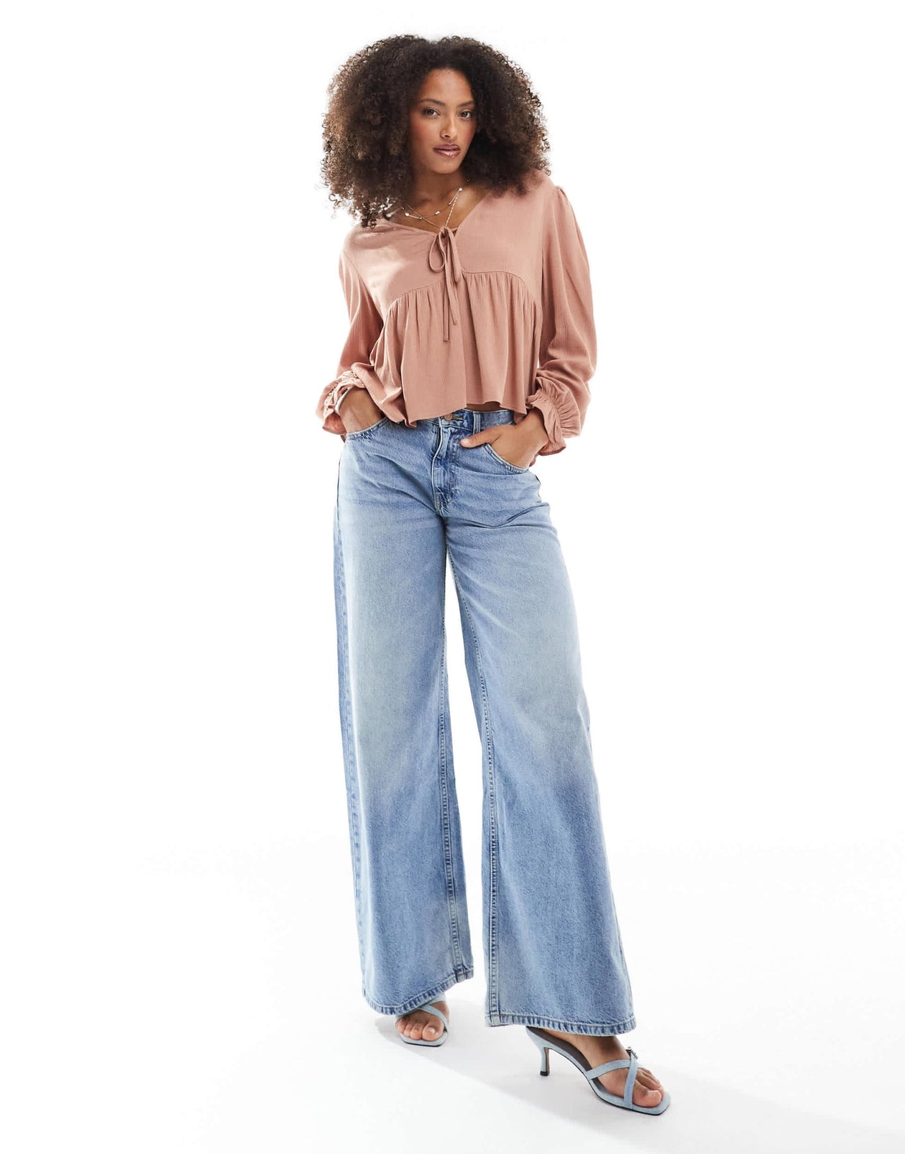 Miss Selfridge tie front peplum blouse in mocha - ASOS Sample Sale