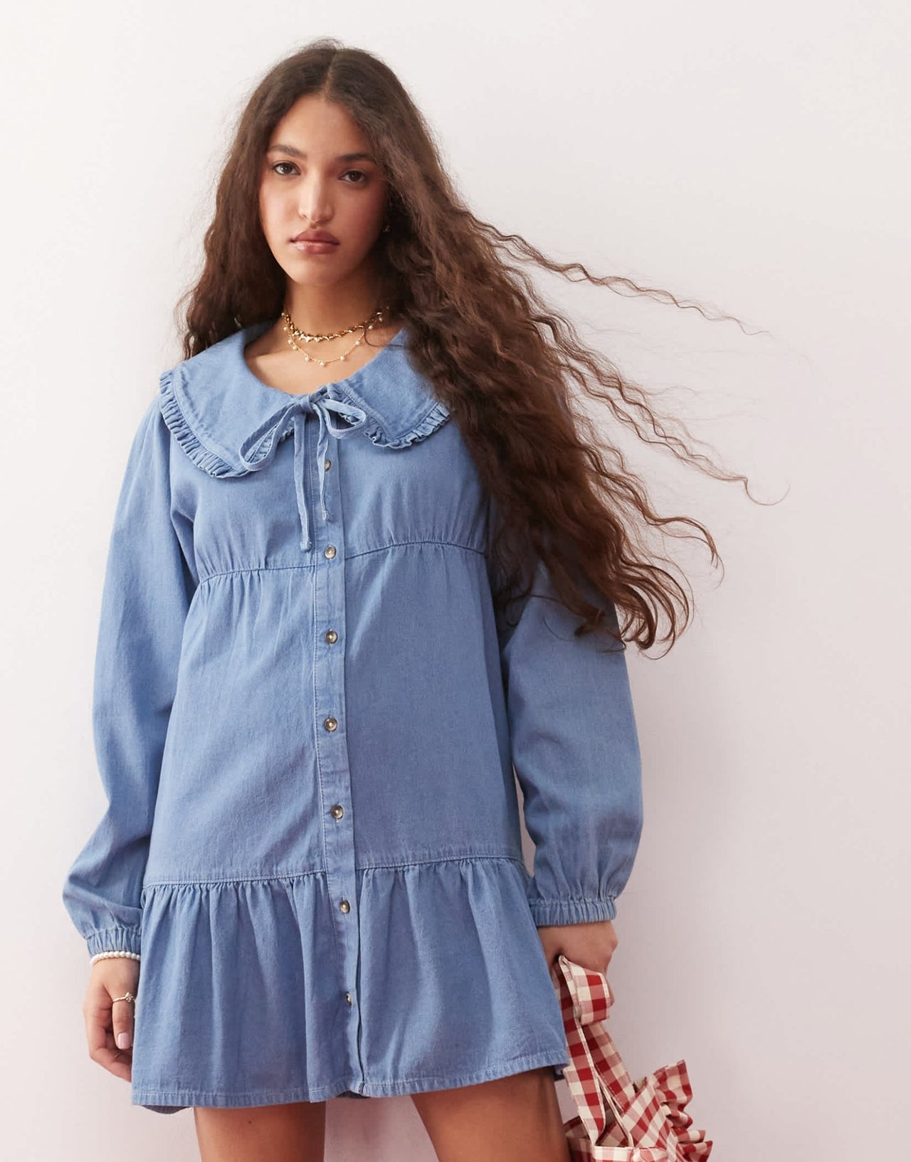 Miss Selfridge tie front ruffle midi dress in blue wash - ASOS Sample Sale