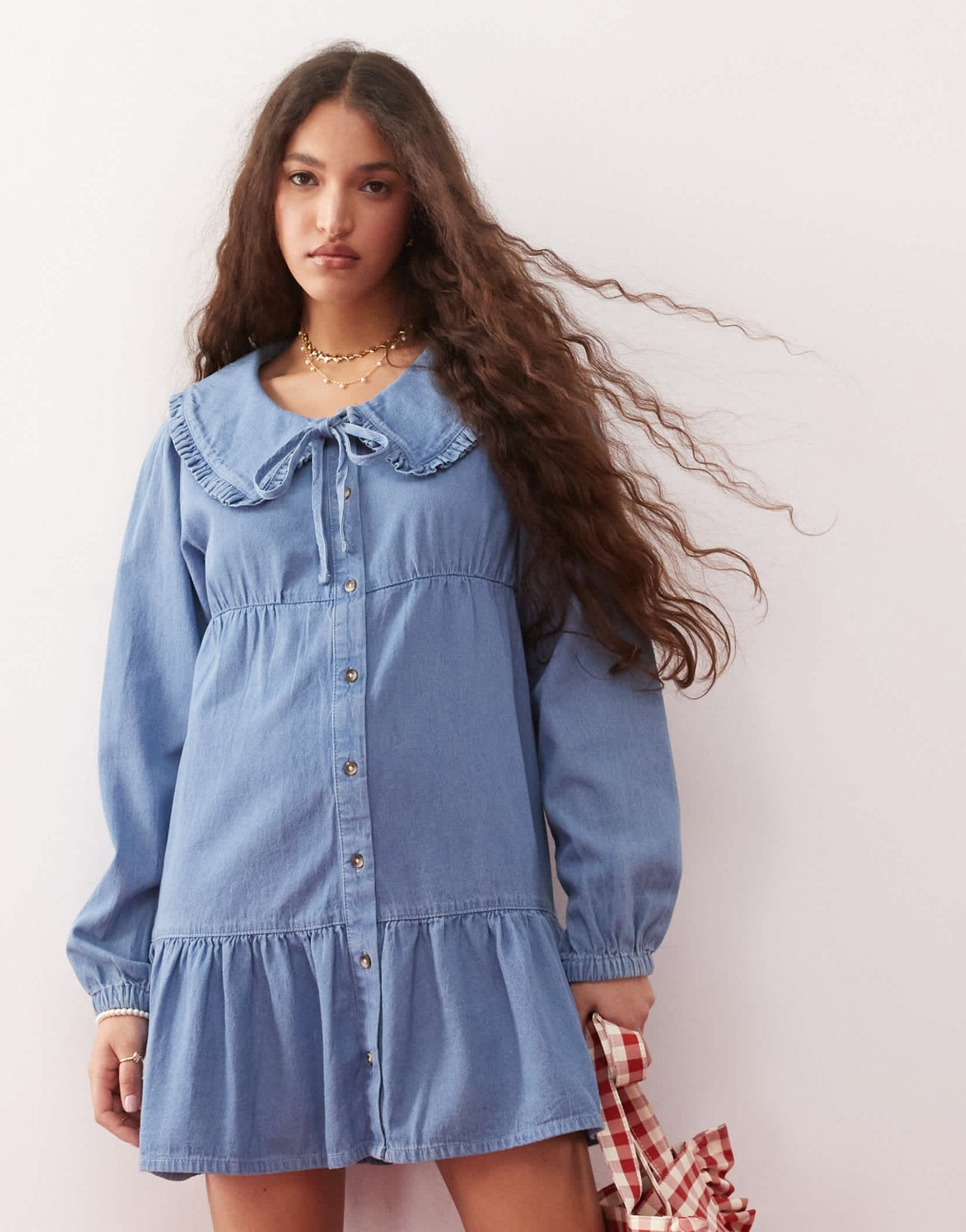 Miss Selfridge tie front ruffle midi dress in blue wash - ASOS Sample Sale