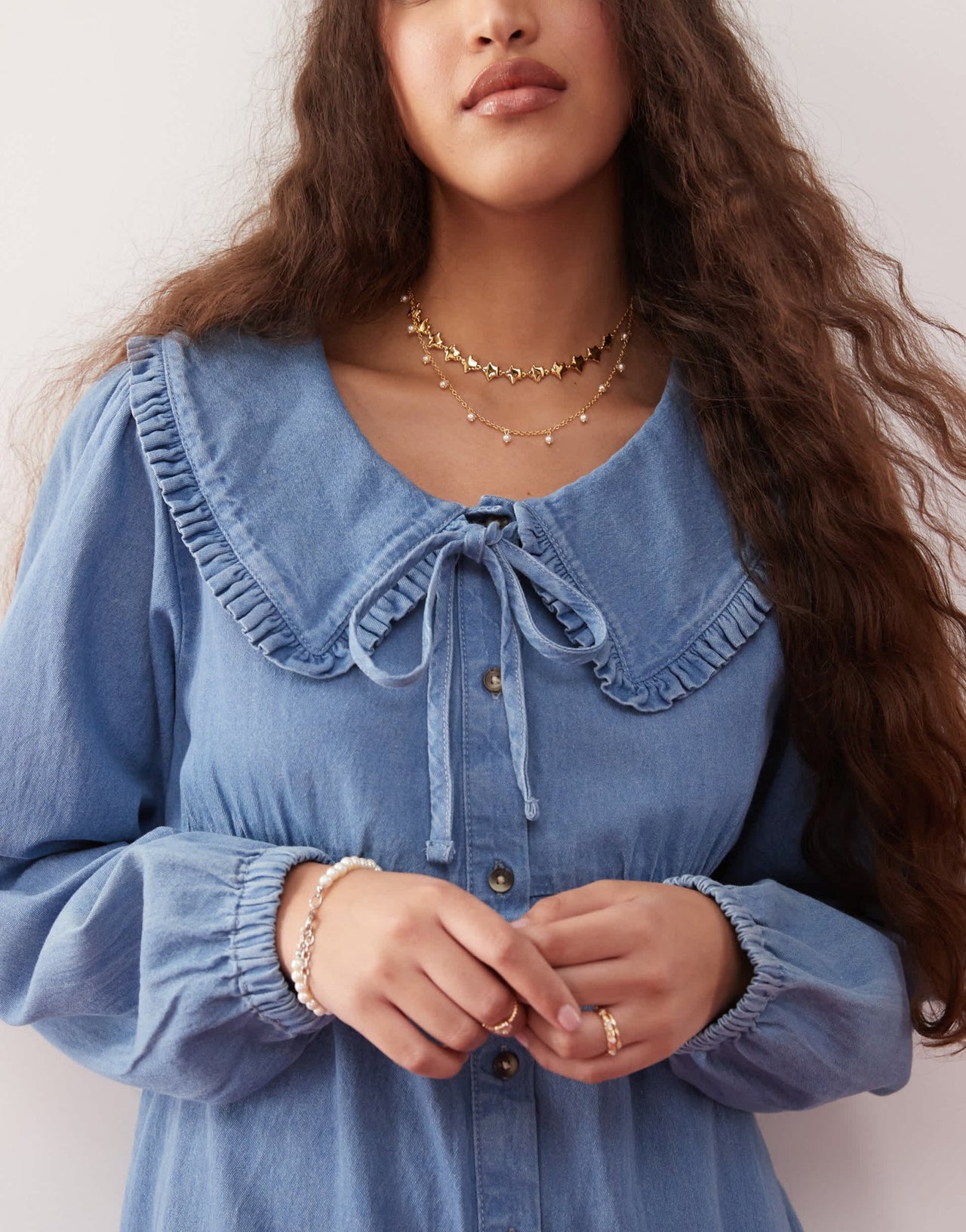 Miss Selfridge tie front ruffle midi dress in blue wash - ASOS Sample Sale