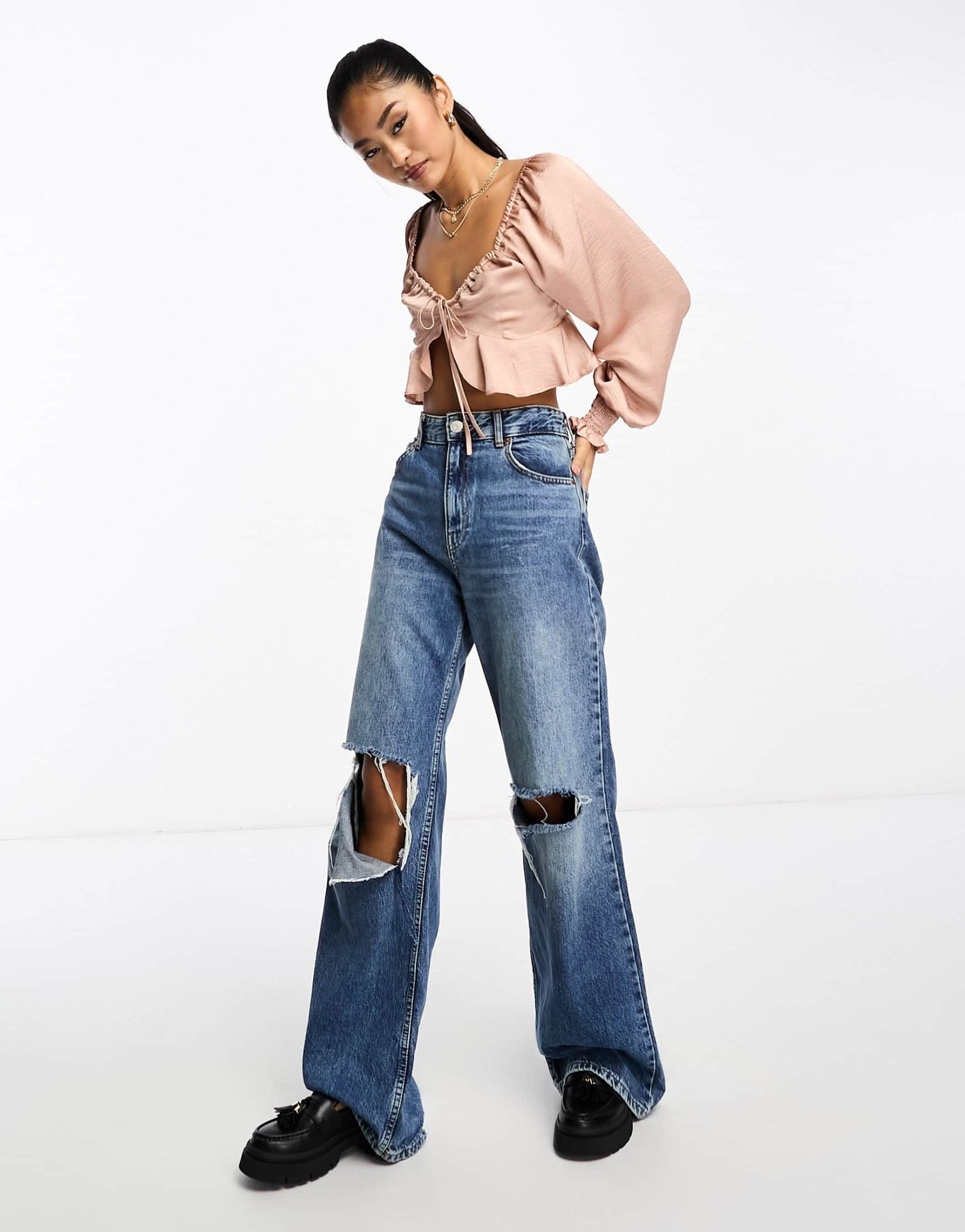 Miss Selfridge tie front satin tea blouse in blush - ASOS Sample Sale