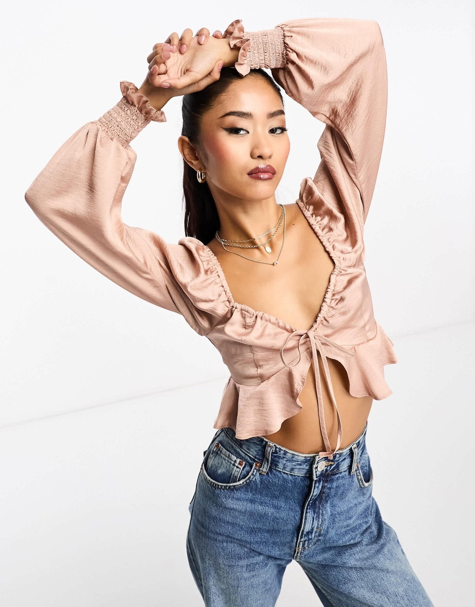 Miss Selfridge tie front satin tea blouse in blush - ASOS Sample Sale