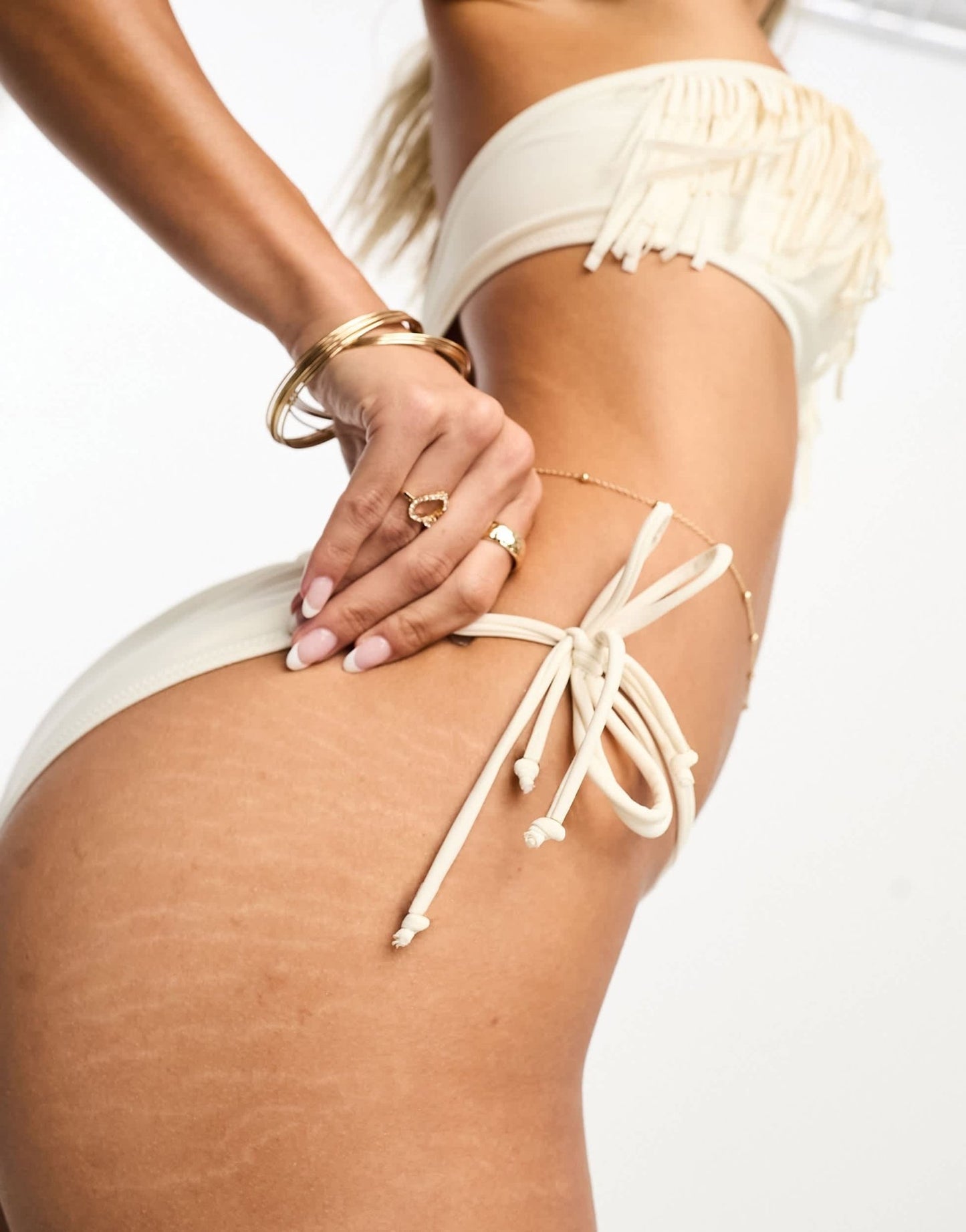 Miss Selfridge tie side bikini bottom in cream - ASOS Sample Sale