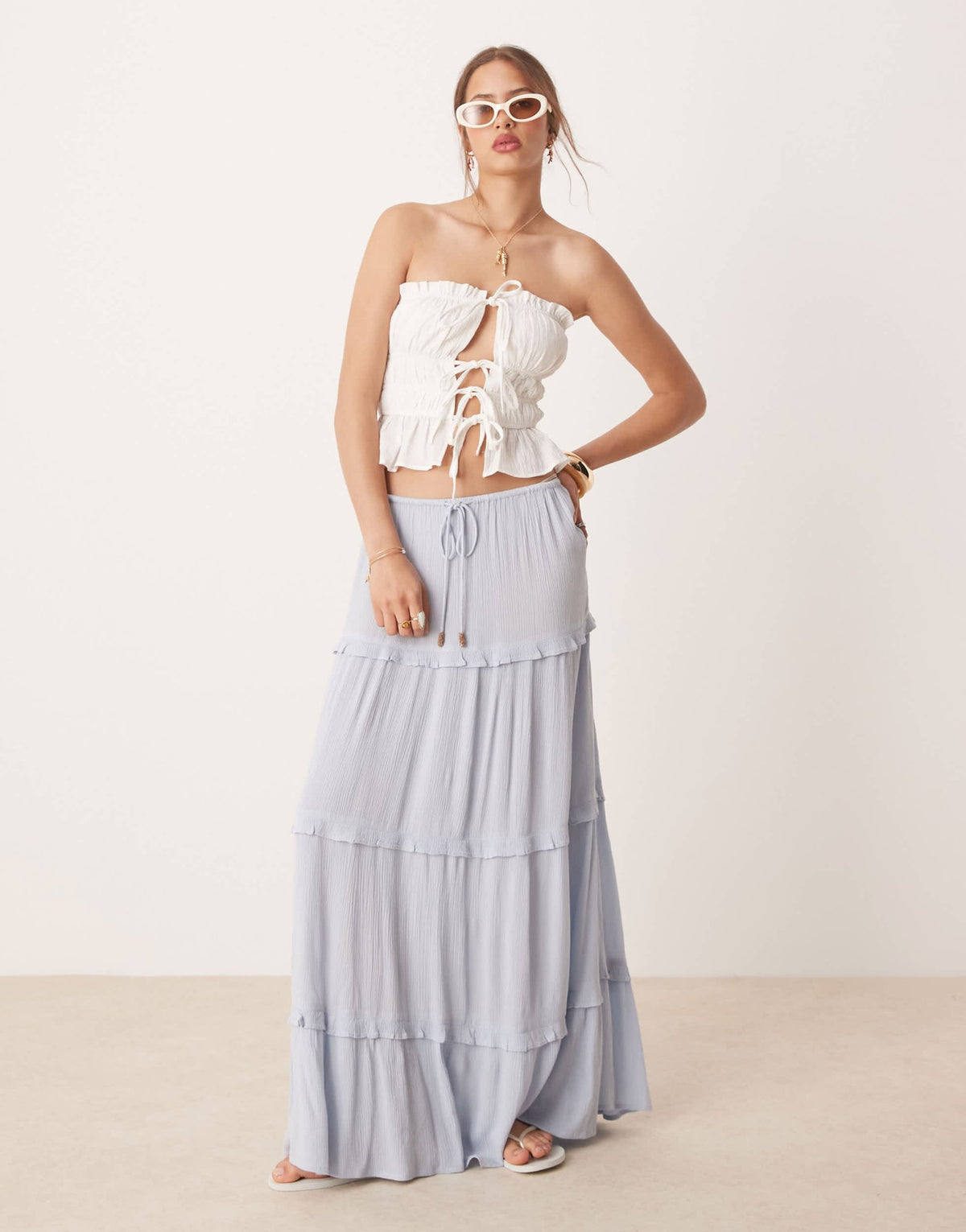 Miss Selfridge tiered maxi skirt in light blue - ASOS Sample Sale