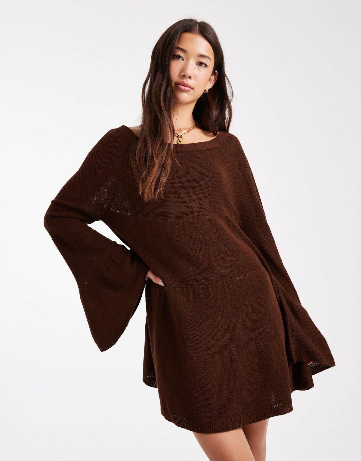 Miss Selfridge tired long sleeve knit floaty smock dress in chocolate - ASOS Sample Sale