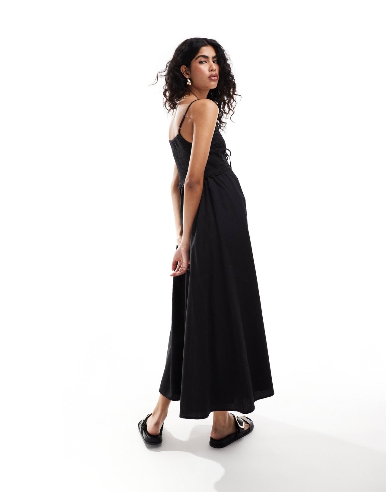 Miss Selfridge trim detail button through maxi slip dress in black - ASOS Sample Sale