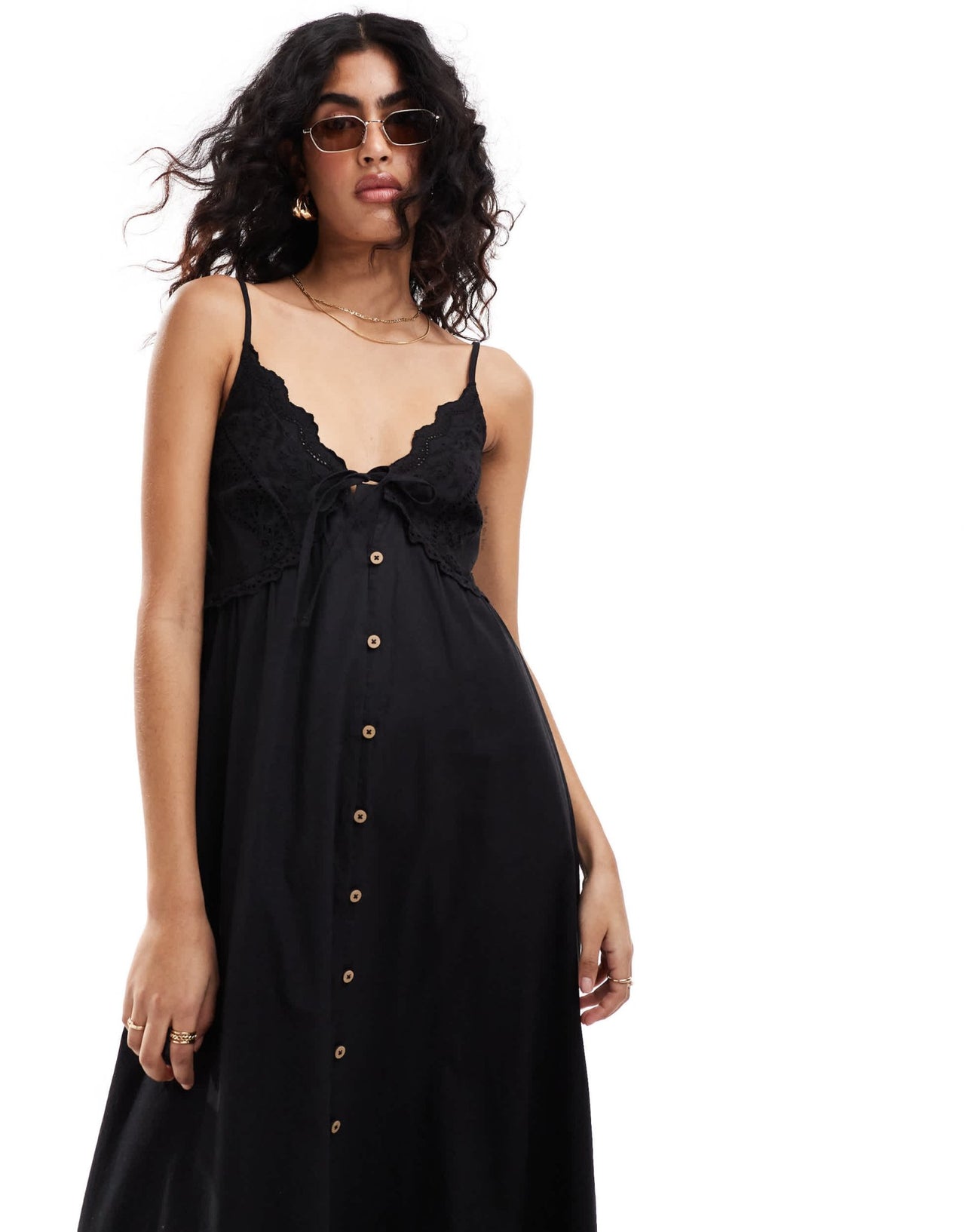 Miss Selfridge trim detail button through maxi slip dress in black - ASOS Sample Sale